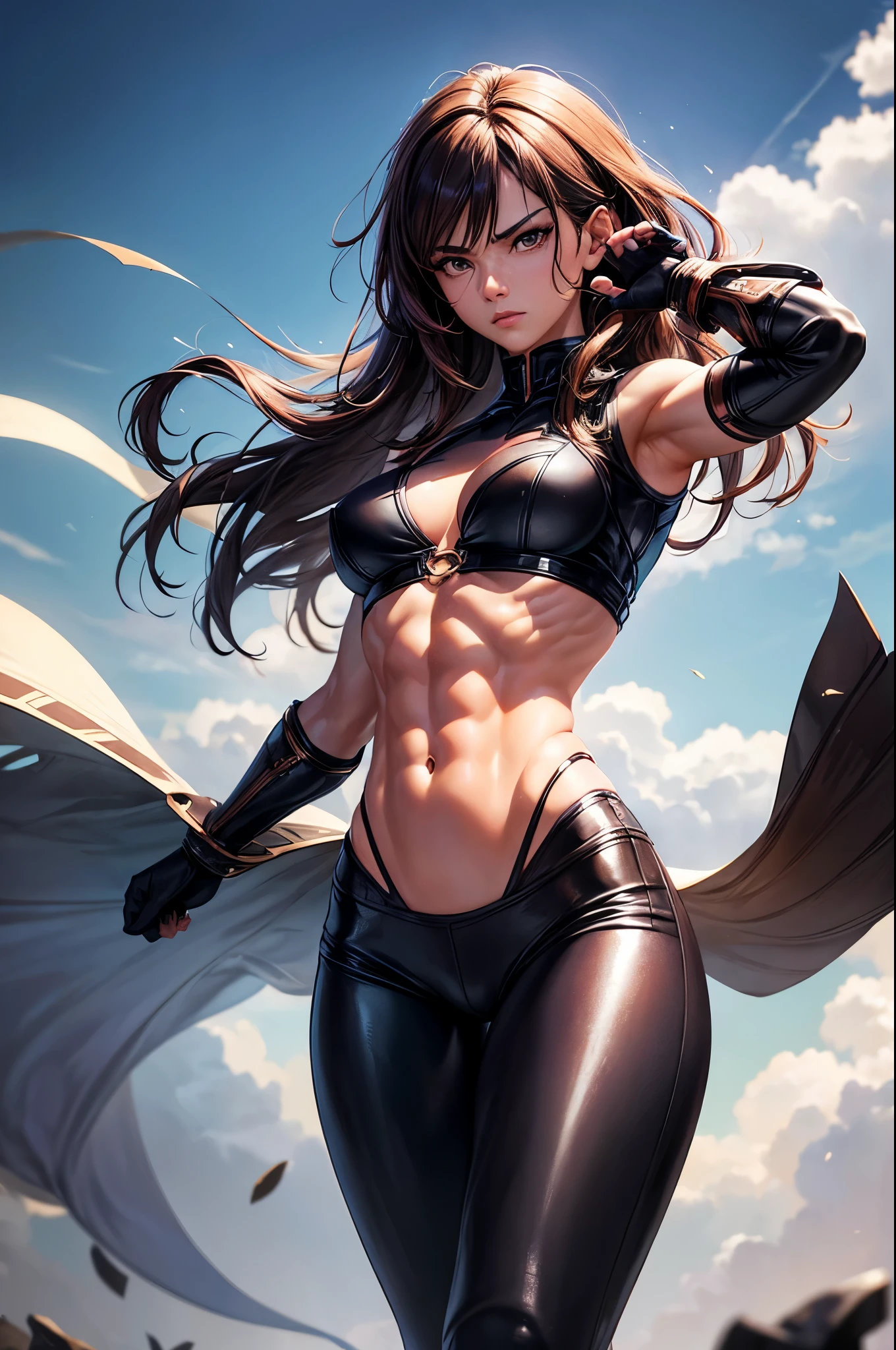 8k,Brown-haired ethnic female demon slayer,Super Beauty(Like the real thing),Sexy Demon Slayer Costumes,Toned Up, Muscular body,Perfect Anatomy,charm,Volume measurement,Body balance,Digital single-lens reflex camera, Soft lighting, Detailed Background, Written boundary depth, Volumetric lighting, Sharp focus,  Realistic proportions, Excellent anatomy, (Realistic, 超Realistic:1.4),  dawn,Ultra-high resolution,super beautiful expression,Fantasy art,Character Art,Wind effects:1.9、Cloud Effect:1.2、Full Rendering、Professional quality high resolution、Perfect contrast、Perfect lighting、Perfect composition、Perfect Fingers、Perfect breasts、Perfect Hair、Perfect Face、Realistic facial features,Highest quality,Slim figure,Perfect body line,Perfect hand shape,Anatomical Body Balance,Highly detailed face,Highly detailed eyes,Beautiful Lips,Excellent light particles,Cinema Lighting,compensate,Ultra-Realistic Skin,Muscle Body,Hard and strong abdominal muscles,Combat trousers,Battle Costume,Angry expression,Ready for battle,Releases energy,Black leather coat,Muscular Beauty,Dynamic fighting pose,Uplifting,