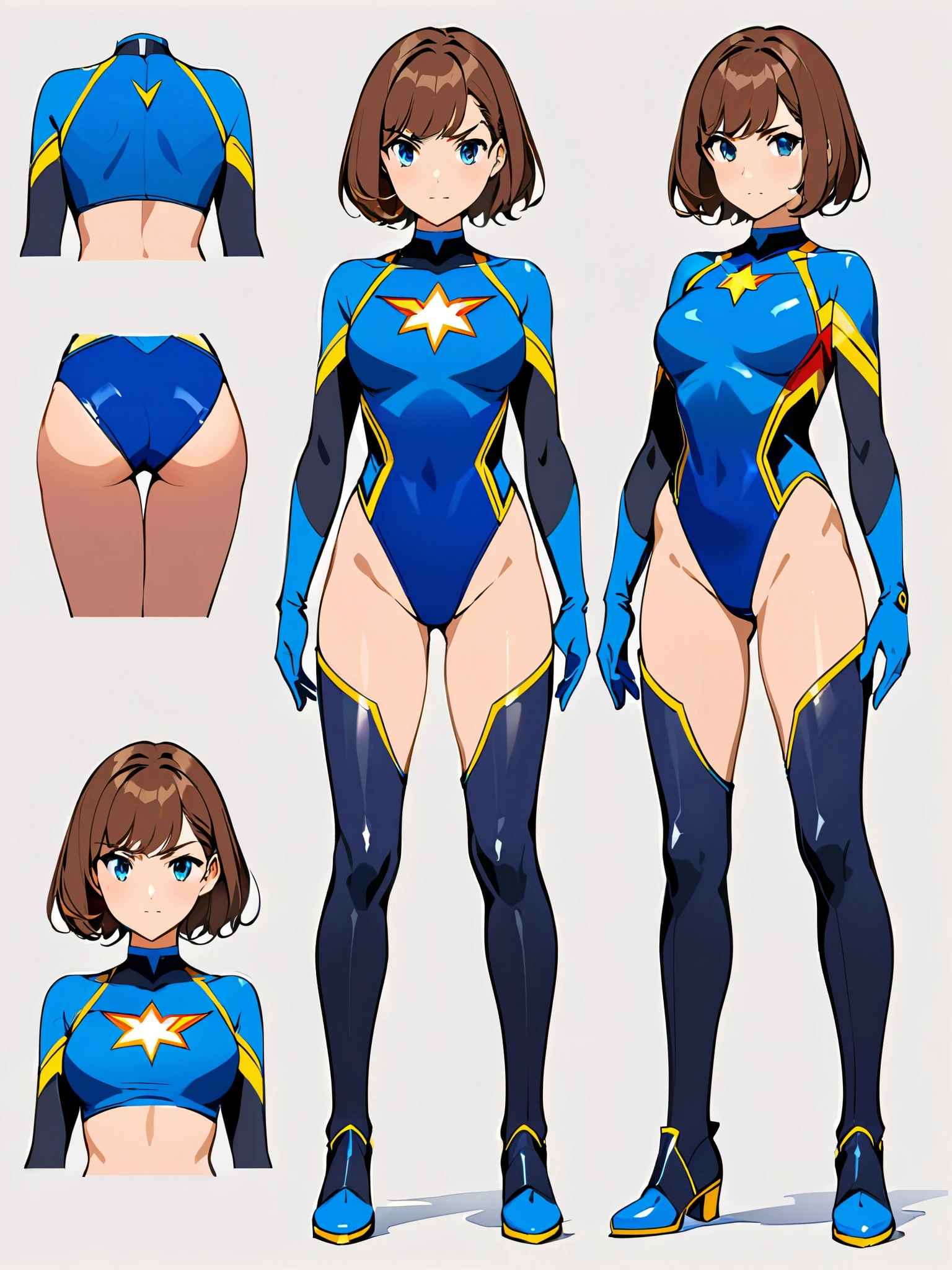 (masterpiece), (best quality), (high res), highly detailed, professional, 1girl, tall body, wonder, superhero, blue choker, blue eyes, blue footwear, blue gloves, matching boots, (blue leotard, competition swimsuit, elastic sleeves), medium breasts, brown hair, knee boots, short hair, bob hair, solo, determined, full body, college-age female, full body costume design. Simple background, Multiple Views, Character Sheet Full-Length, 