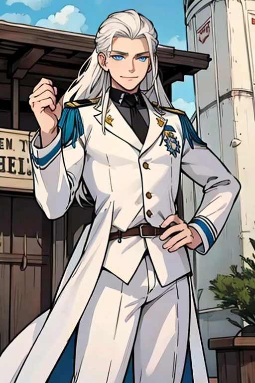 Perfect face. Perfect hands. A young white haired man with blue eyes and long hair in a white sheriff's uniform is smiling in front of a water tower in a wild west town