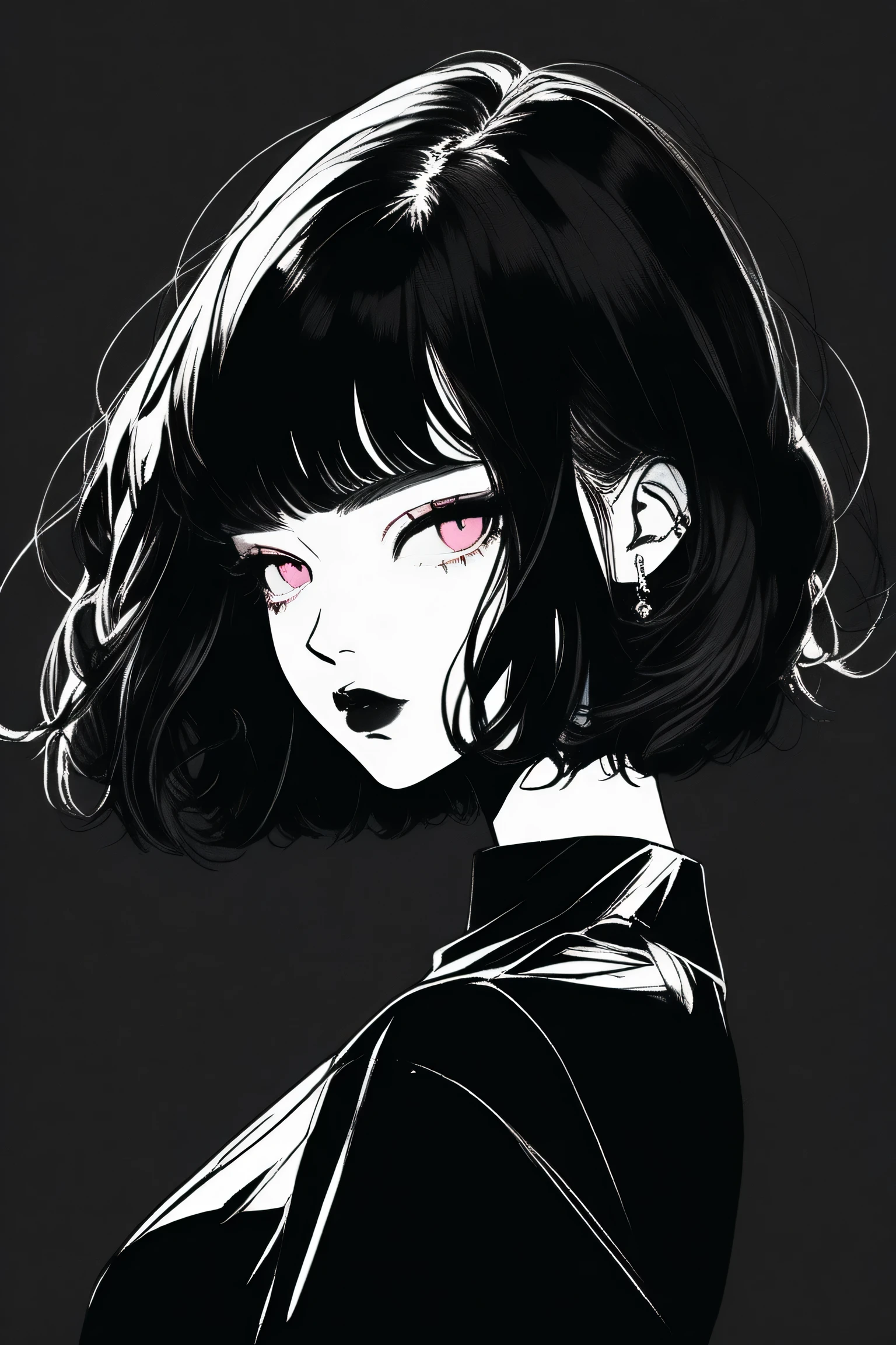 (best quality, sketch:1.2),realistic,illustrator,anime,1 girl, detailed lips, black dress,custom, (background dark monochrome),neon hair,textured cropping, masterpiece, style retro classic, noir dark, art, sketch book, (bob hair black:1.75 neon:1.32), bad women , dark monochrome background 