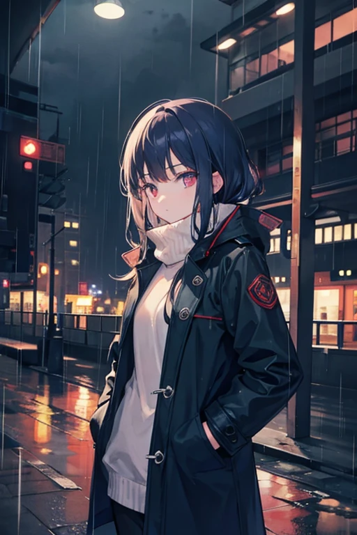1girl,night city,rain,coat,hands in pockets
