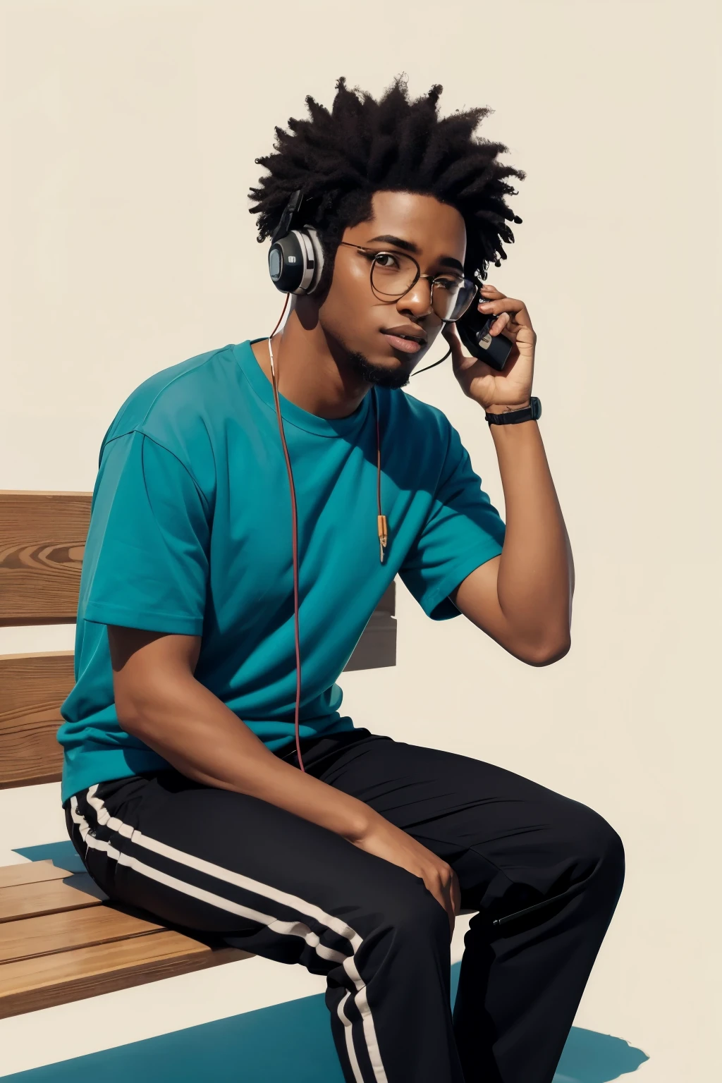 A creative illustration of a nerdy lofi black character wearing glasses, retro headset with a cell phone connected. The character is sitting on a small bench