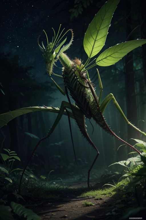 Draw a mystical creature called Floris. Floris is an impressive magical beast, with an average height of around 5 meters. Its body is a combination of a praying mantis-like exoskeleton and fleshy leaves that resemble carnivorous plants.. The predominant color is dark green, almost black, with fluorescent spots that glow in shades of purple and blue. These spots are especially visible on parts of the leaves that resemble carnivorous plant traps..

Floris&#39; eyes are big and compound, with a yellowish tint that emits a soft glow in the dark, helping her hunt nocturnal prey. The front paws are long and sharp, adapted for grasping prey and for climbing. These paws are covered in poisonous spines, able to quickly paralyze their prey.

Furthermore, the Floris has long, pointed petals that extend from its back. Each petal has a sharp edge and is covered with a toxic substance.. The creature must be depicted in a dense, dark environment, like a forest or swamp, with dark lights to highlight its bioluminescent glow and menacing aura.