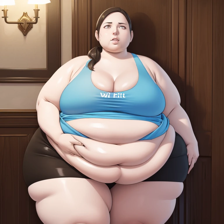 Wii fit trainer, a woman, thick body, extremely white pale skin, a tall and curvy figure, highres, and a hyper massive voluptuous body. She has large thick fat breasts, (gigantic breasts,  1.5), she has thick breasts, an extremely thick giant fat enormous sexy huge humongous gigantic ass, thick figure. The woman has cute long gray hair, detailed eyes, gray eyes. She has a seductive expression, ahegao expression, moaning. The woman is wearing a large blue tank top and gray yoga pants. She is standing in her bedroom, holding her belly, sweating, moaning, and gaining weight, with a sexy fat body. ((obese, fat, excess fat)), (morbidly obese body:1.5) (fat neck and chin). (Very large thighs) (((Colossal thighs, massive thighs, very large thighs))), full body, masterpiece, (NSFW), (exaggerated proportions), (hentai), (perfect anatomy), ((detailed manga illustration)), (detailed face), (4k wallpaper), (best quality,4k,8k,highres,masterpiece:1.2),ultra-detailed,(realistic,photorealistic,photo-realistic:1.37),HDR,UHD,studio lighting,ultra-fine painting,sharp focus,physically-based rendering,extreme detail description,professional,vivid colors,bokeh,portraits,goth, fantasy