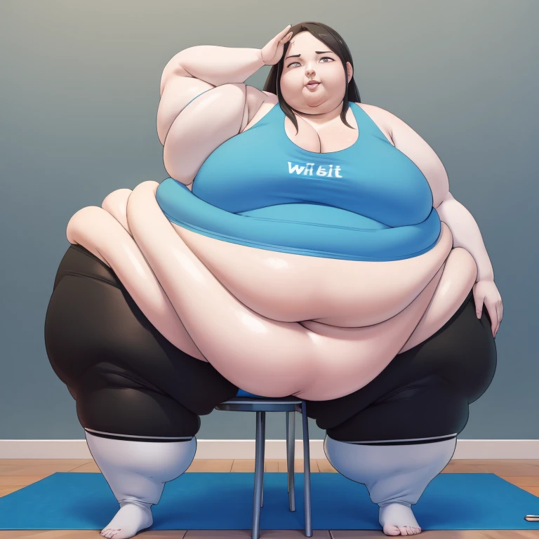 Wii fit trainer, a woman, thick body, extremely white pale skin, a tall and curvy figure, highres, and a hyper massive voluptuous body. She has large thick fat breasts, (gigantic breasts,  1.5), she has thick breasts, an extremely thick giant fat enormous sexy huge humongous gigantic ass, thick figure. The woman has cute long gray hair, detailed eyes, gray eyes. She has a seductive expression, ahegao expression, moaning. The woman is wearing a large blue tank top and gray yoga pants. She is standing in her bedroom, holding her belly, sweating, moaning, and gaining weight, with a sexy fat body. ((obese, fat, excess fat)), (morbidly obese body:1.5) (fat neck and chin). (Very large thighs) (((Colossal thighs, massive thighs, very large thighs))), full body, masterpiece, (NSFW), (exaggerated proportions), (hentai), (perfect anatomy), ((detailed manga illustration)), (detailed face), (4k wallpaper), (best quality,4k,8k,highres,masterpiece:1.2),ultra-detailed,(realistic,photorealistic,photo-realistic:1.37),HDR,UHD,studio lighting,ultra-fine painting,sharp focus,physically-based rendering,extreme detail description,professional,vivid colors,bokeh,portraits,goth, fantasy