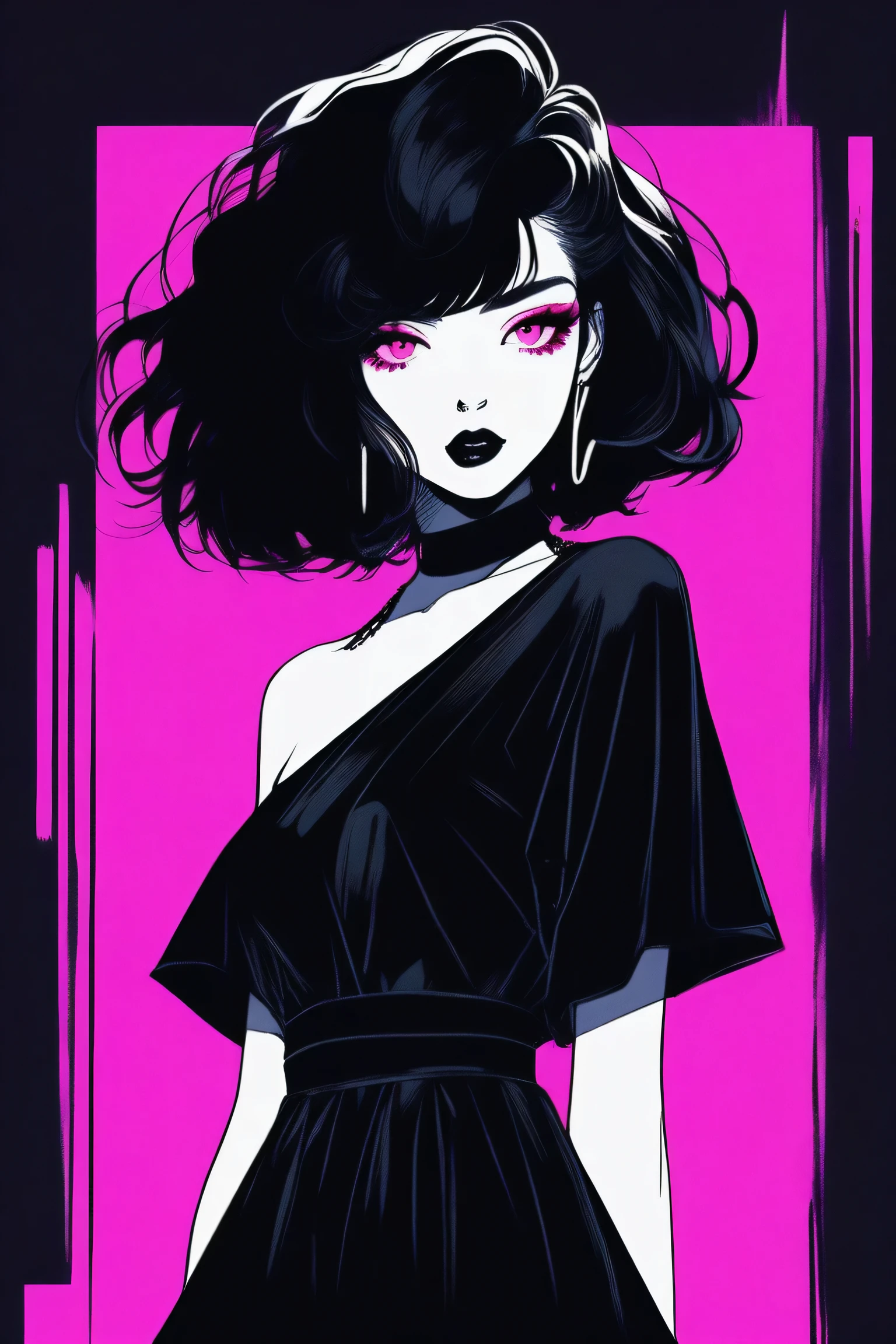 (best quality, sketch:1.2),realistic,illustrator,anime,1 girl, detailed lips, black dress,custom, (background dark monochrome),neon hair,textured cropping, masterpiece, style retro classic, noir dark, art, sketch book, (bob hair black:1.75 neon:1.32), bad women , dark monochrome background