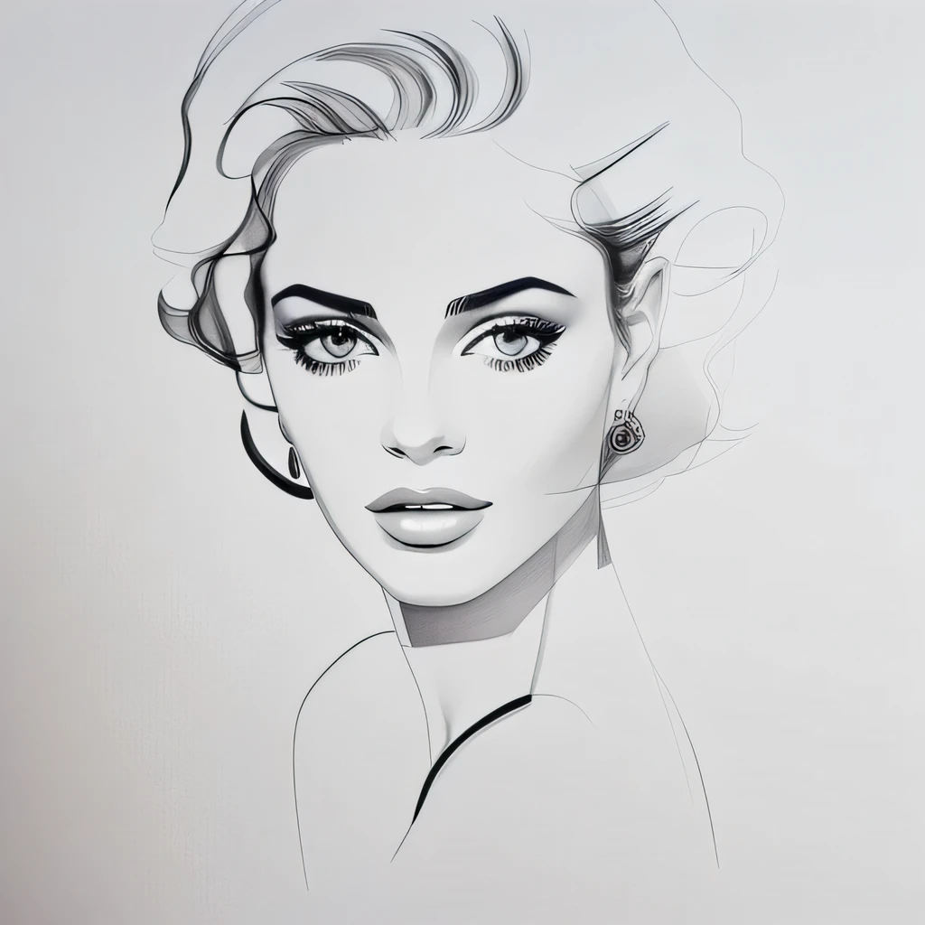 David downton fashion illustration, mustafa soydan drawing, line art sketch on a white background, beautiful woman face portrait, slim figure
