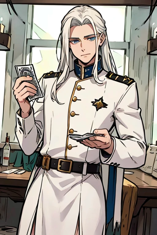 Perfect face. Perfect hands. A young white haired man with blue eyes and long hair in a white sheriff's uniform is playing cards in a saloon