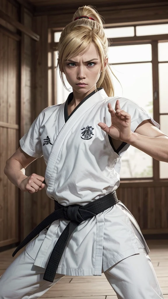 samus aran, blonde hair, ponytail, blue eyes, wearing a karate uniform, black belt, looking at viewer, serious, angry, medium shot, 
fighting pose, interior of a chinese dojo, detailed background, extreme detail, hdr, realistic quality, cinematic,