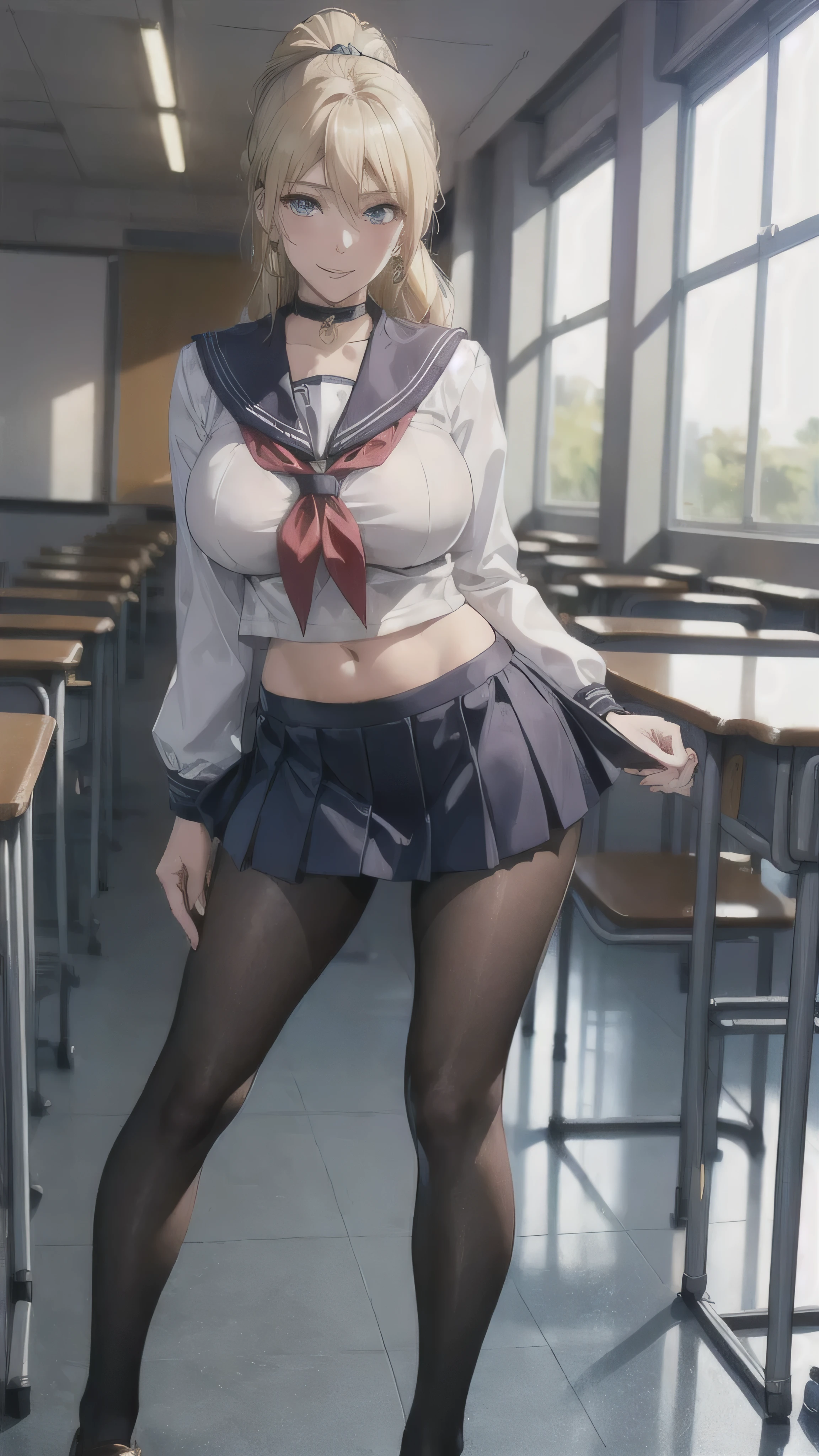 ((high school girl)),((school uniform)),((White blouse)),(((Pleated mini skirt))), ((A shy smile)),((Beautiful feet)),((Beautiful legs)),Ultra-high resolution, Mature Woman, Mature Woman, Very detailed, ((Big Breasts)), Perfect hands, Detailed fingers, Beautiful details, (((Sailor suit))),((Long blonde hair)),((ponytail)),Black choker, Earrings,loafers,(Black Pantyhose), (Black Stockings),Perfect Eyes, Seductive eyes, School classroom,Standing in front of the pulpit