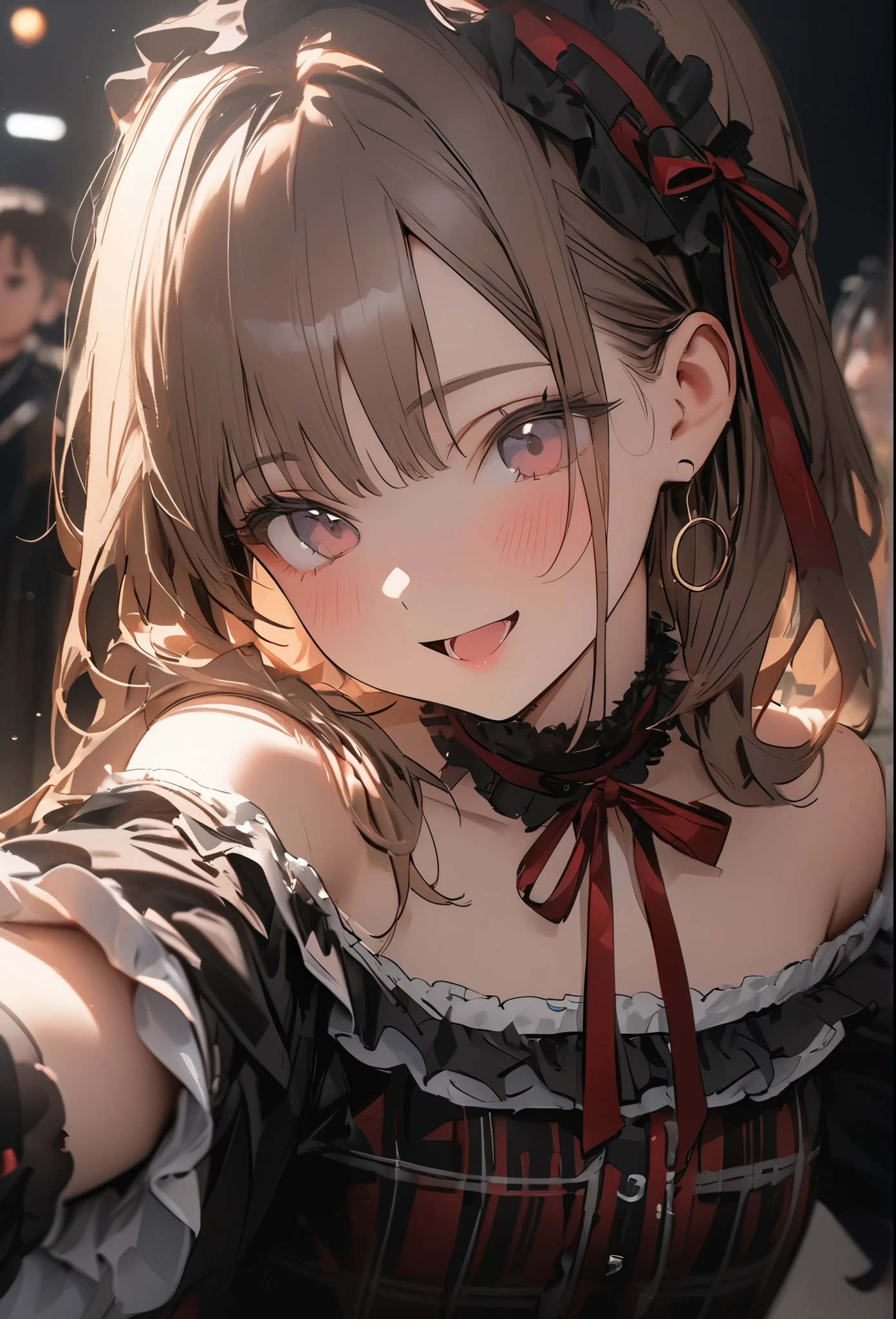 ((masterpiece)), ((Highest quality)), ((cute)), ((Very detailed)), (sketch:0.3), (RAW Photos:1.2), (8k), (High resolution:1.3), (Professional photography:1.2), Cinema Lighting, (so beautiful:1.2), (absurdes:1.2), (Sharp focus), (Perfect light), ((19 years old)), cute age girl, Plaid Dresses, (Off-the-shoulder dress), Hoop Dresses, Strapless, (Loliashion), (Healthy Skin), (Reaching arms), exposed shoulders and arms, Lolita S, ((Look at other people)), Mischievous Smile, Open your mouth, cute, Portrait of a Lolita girl, plaid, Ribbon Belt, coffee
