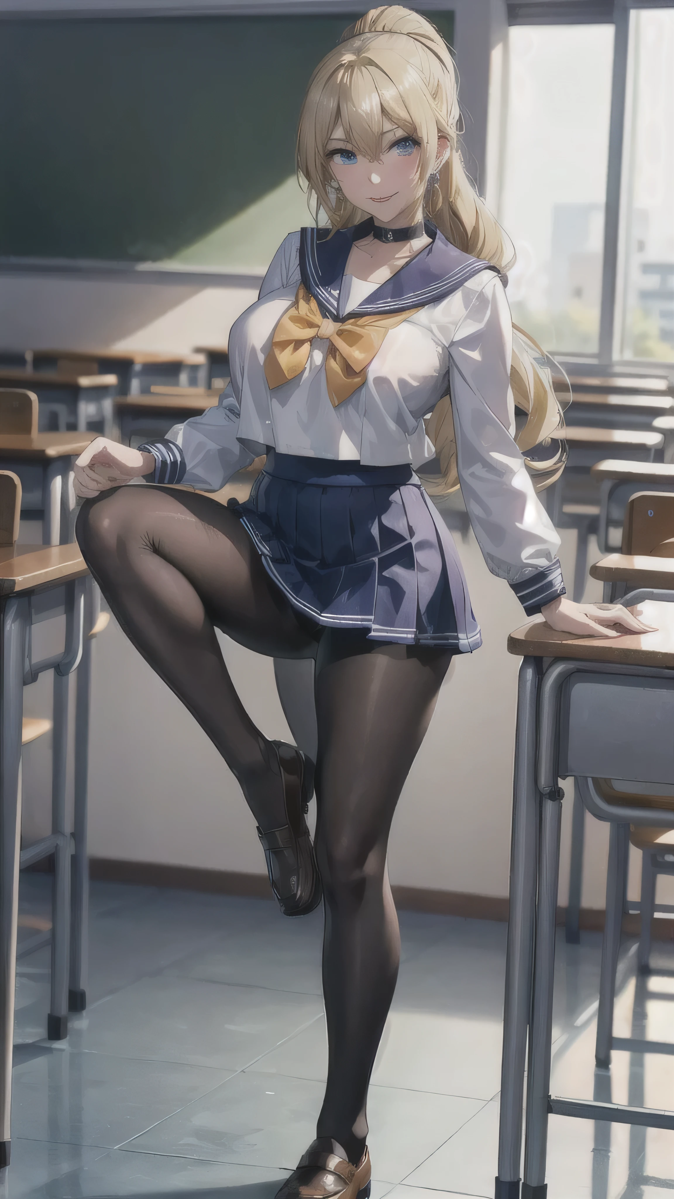 ((high school girl)),((school uniform)),((White blouse)),(((Pleated mini skirt))), ((A shy smile)),((Beautiful feet)),((Beautiful legs)),Ultra-high resolution, Mature Woman, Mature Woman, Very detailed, ((Big Breasts)), Perfect hands, Detailed fingers, Beautiful details, (((Sailor suit))),((Long blonde hair)),((ponytail)),Black choker, Earrings,loafers,(Black Pantyhose), (Black Stockings),Perfect Eyes, Seductive eyes, School classroom,Standing in front of the pulpit