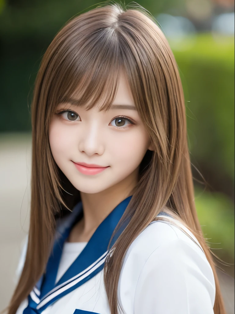 Portrait、School uniforms、Bright expression、Younger, brighter, whiter skin、Best Looks、Blonde reflection、Platinum blonde hair with dazzling highlights、Shiny bright hair,、Super long, silky straight hair、Shiny beautiful bangs、Sparkling, clear, attractive big blue eyes、A very beautiful, lovely and cute  girl、Ample breasts、