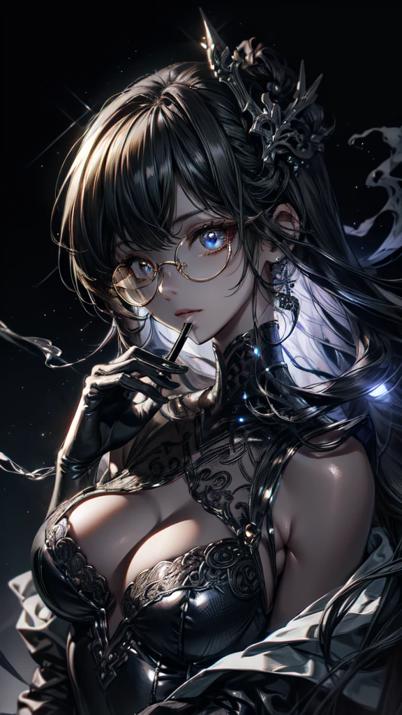 (Highest quality),(masterpiece), 8k,Very detailed, Detailed light, Best Shadow,Detailed reflective eyes, Beautiful Eyes, Very detailedな顔,Shiny Hair,Big Breasts,One person,Gloss,Black Hair,Expressionless,Hollow Eyes,Beautiful fingers,Beautiful Hands,whole body,White,suit,black tights,garter belt,Cigarette on mouth,Black-rimmed glasses,