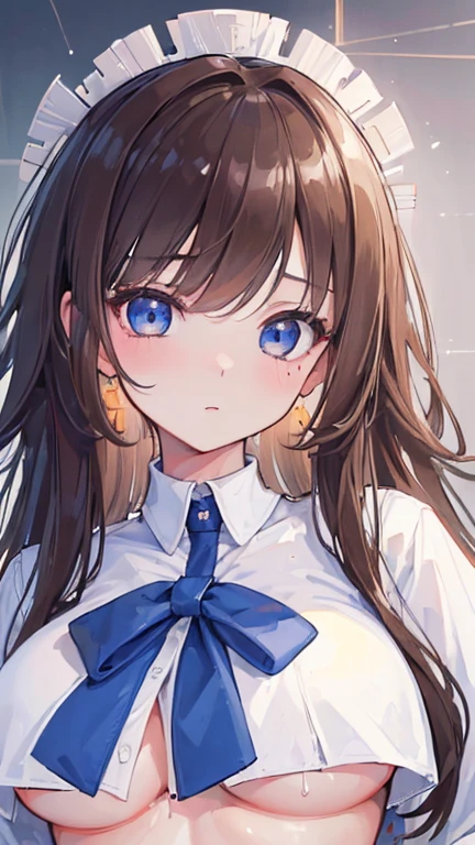 ((Highest quality、High resolution、Ultra detailed face, 8k、masterpiece:1.8))、Dynamic Angle、whole body、whole bodyが見える、1 girl、Unparalleled beauty、Ultimate beauty、Highly detailed face、Delicate eyes、blue eyes, Sexy look、Lift up your shirt、Attractive legs、Looking into the camera、Depth of written border、Particles of light、Side light、Long Hair、Brown Hair、White shirt、Cute Panties, Exposed underboob, Huge breasts, slim、thin、blush、Sweat