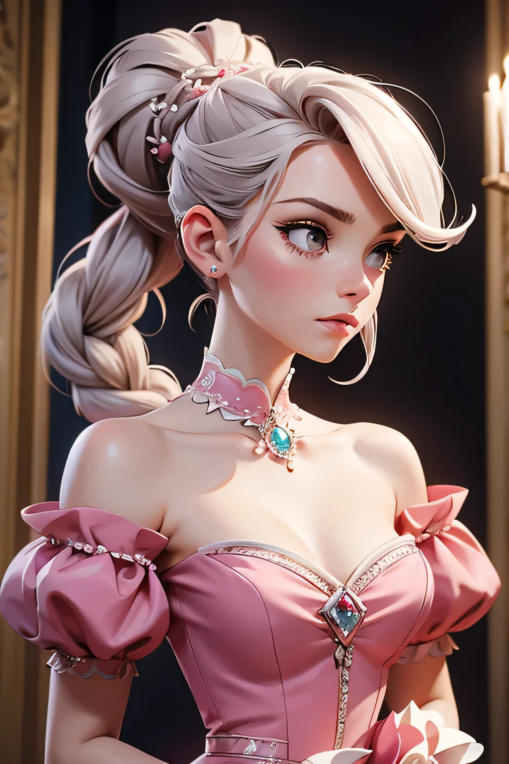 Woman, Serious, chic, pink dress, aristocratic, silver elements, long nails, bared shoulders, coiffure, hair up, braid and ponytail, messy, haughty, absurdists, detailed dress, royaltly, celebration, hall decorated with flowers, cowboy shot, portraite, (best qualityer), (work of art), (highy detailed), (4K)