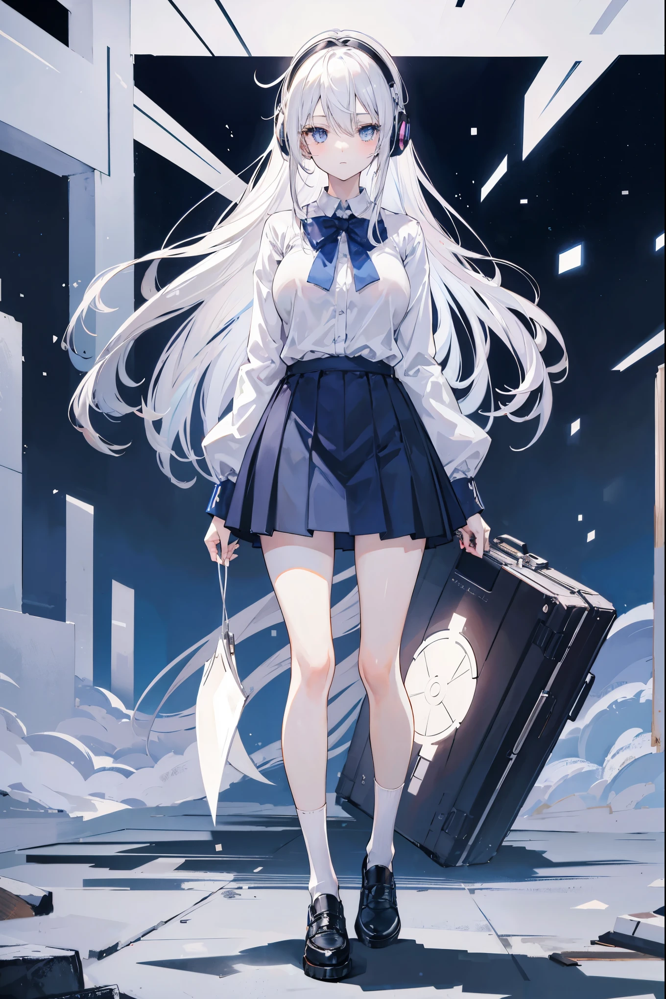"anime girl, 1 person, silver white hair, shoulder length hair, wearing headphones, dark blue eyes, women's shirt, dark blue skirt, short skirt, long socks, black socks, big breasts, shy face, full body, solo, viewed from many different angles, high quality images