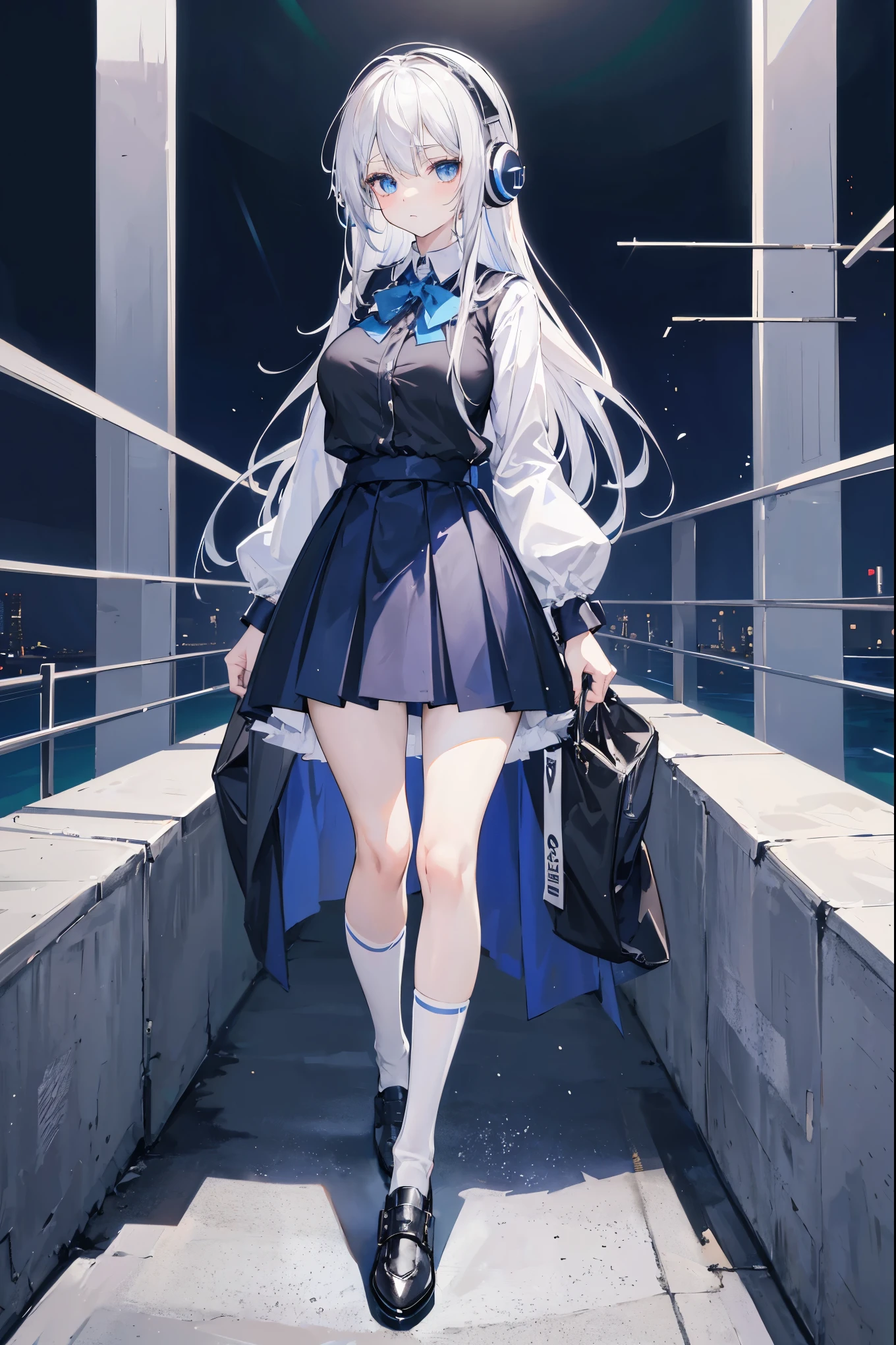 "anime girl, 1 person, silver white hair, shoulder length hair, wearing headphones, dark blue eyes, women's shirt, dark blue skirt, short skirt, long socks, black socks, big breasts, shy face,  full body, solo, viewed from many different angles, high quality images