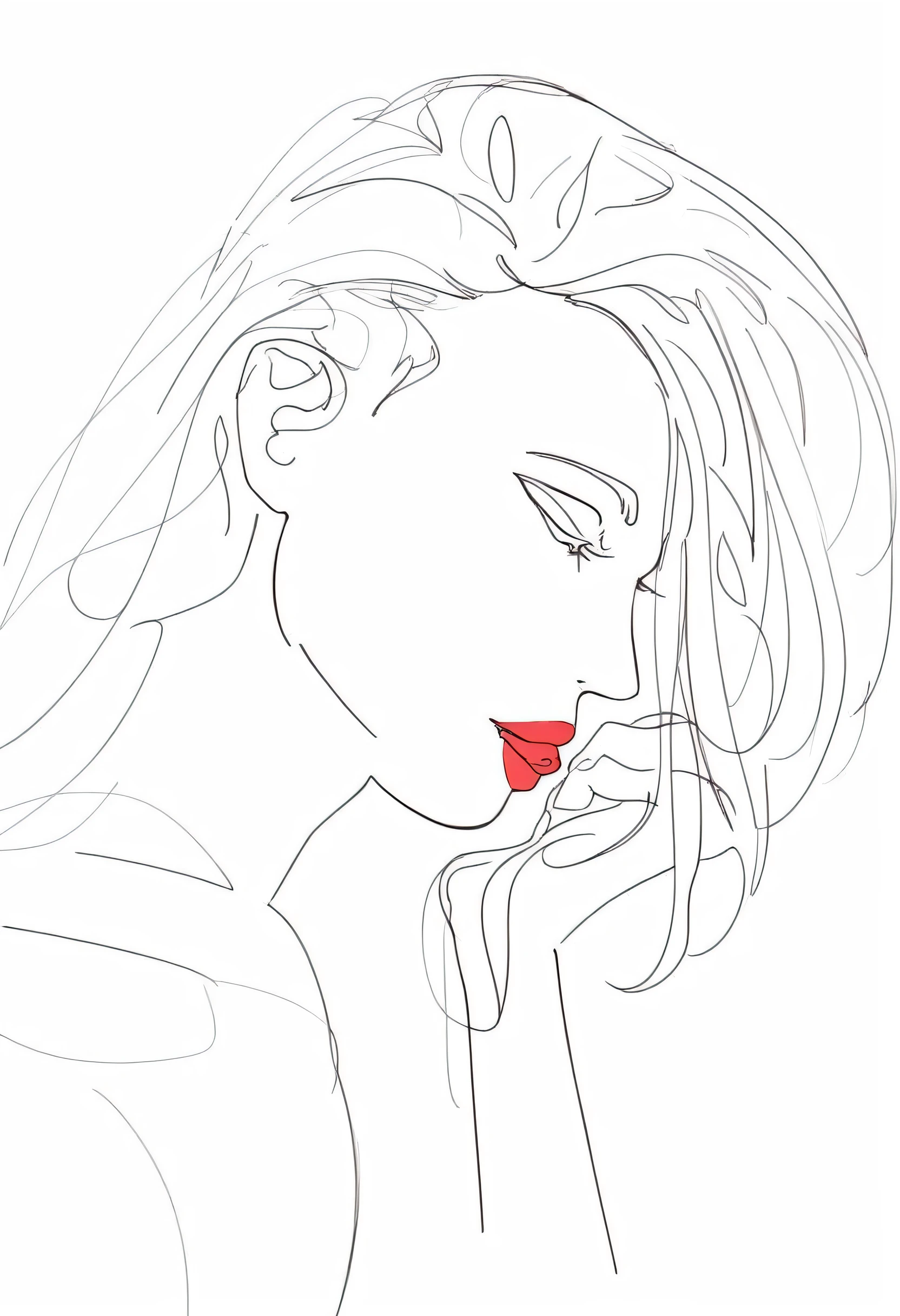 masterpiece,best quality,highly detailed,score_9,score_8_up,score_7_up,score_6_up,source_anime,
BREAK
monochrome,lineart,
woman portrait,red lips,head rest,face focus,profile, from side,