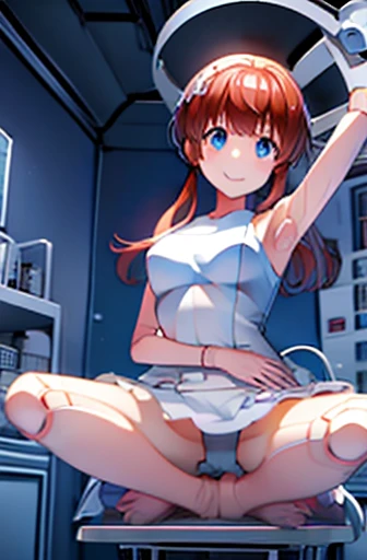 android, beautiful robot, short pigtails, brown hair, Hair tie with two big red clothespins, big smile, brown hair, middle age, joint seam, blue eyes, full body figure, Height: 160cm, Light beige micro mini dress, fluttering skirt, skirt folds, white retro swimwear, Uplifting, 2020s anime style, 21thcentury japan animation, show White pantie