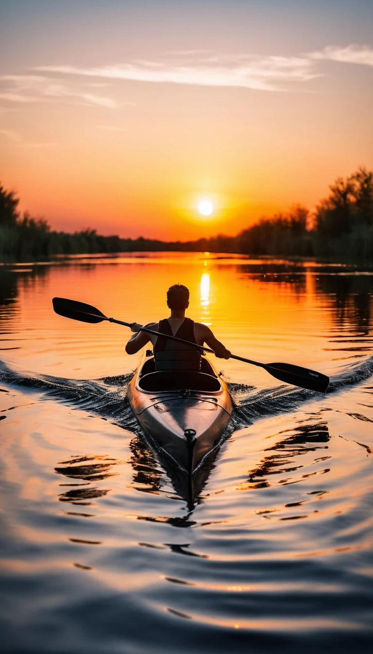 Realistic photography, sport photography, full body shot, wide angle,  black silhouette of a lone rower in a sports kayak on a river against the backdrop of the setting sun, fast capture photo, motion blur, shallow depth of field, bokeh, 8k, film grain, warm colors, made by dslr