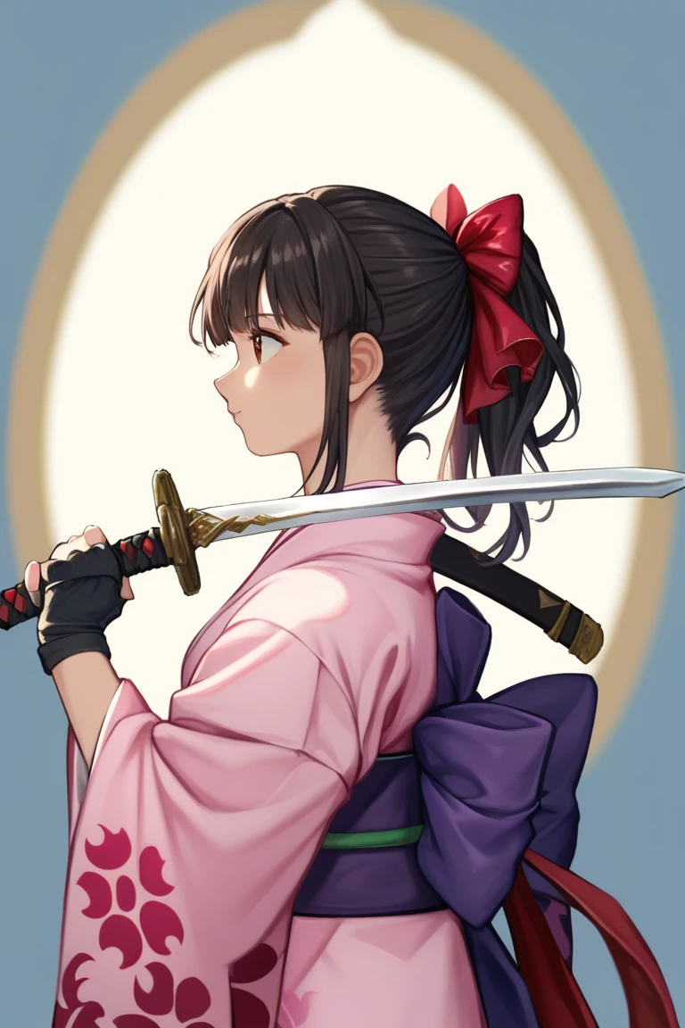 score_9, score_8_superior, score_7_superior, とてもbeautiful, sauce_anime, detailed, high quality, beautiful, masterpiece, detailed eyes,
Simple Background, Blurred Background,
Cowboy Shot, From the side,
Holding a sword, Draw your sword,
Severe,
Sakurabase, Black Hair, Hair Ribbon, Red Bow, Brown Hair, Side Lock, bangs, Ponytail Japanese clothes, Red too, Pink kimono, Meiji era uniform, purple sash, Fingerless gloves, Green obi-jime,, PDXL