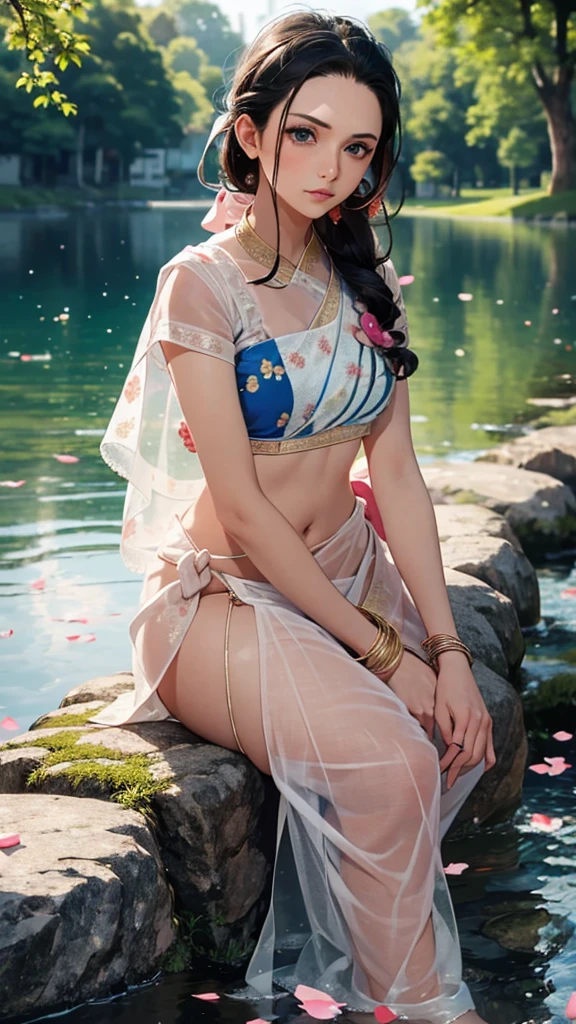 Masterpiece,1 girls, beautiful face, sitting on lake, stones, beautiful trees, beautiful pink petals, wearing white saree,Indian saree, traditional blouse,gold ornaments, bracelets,black long hairs, beautiful blue eyes,