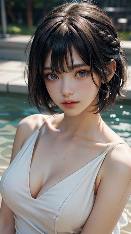 (UHD, Retina, masterpiece, precise, Anatomically_correct, Textured_skin, excellent_detail, High target_details, High target_quality, the best_quality, High target_The reservoir, 1080P, HD, 4K, 8K, 16K), (beautiful_detailed_Eyes, beautiful_detailed_Lips, extremely_detailed_Eyes_and_Face), (Soft_light:1.5), Physically based_Rendering, vivid_color, (Large target_breast:1.5,big nipples), (shining_hair, shining_skin, Tanning_skin, Face红), (Bangs:1.5), Eye_reflection, (Bokeh), (微lol_and_lol, Bob_cut, braid, White_Naked see-through dress), slim、Sexy、get wet。