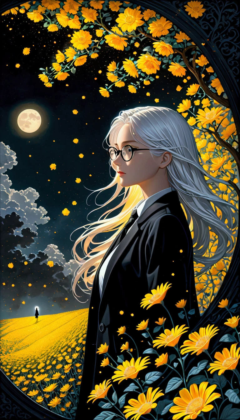 (masterpiece),(best quality), (fantasy:1.4), Surrealism, shadow, Relief, Stereogram, Atmospheric perspective, 8K, Super Detail,A moon, Yellow flowers , Paper_cut, 1 Girl, Solitary, (White hair, Long hair), Perfect hairstyle and glasses, (White shirt, Black tie, Black coat, Open coat), (((Glowing light particles))), Dynamic Angle,
