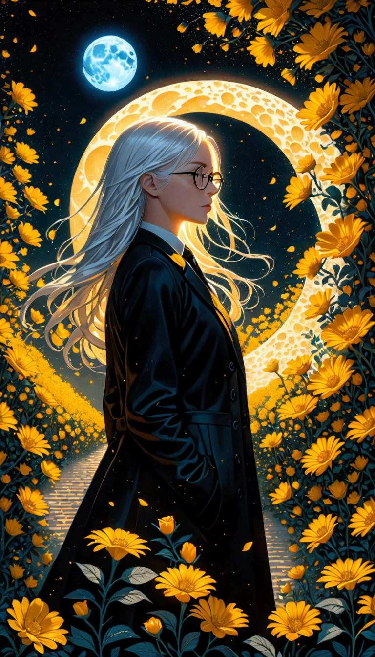 (masterpiece),(best quality), (fantasy:1.4), Surrealism, shadow, Relief, Stereogram, Atmospheric perspective, 8K, Super Detail,A moon, Yellow flowers , Paper_cut, 1 Girl, Solitary, (White hair, Long hair), Perfect hairstyle and glasses, (White shirt, Black tie, Black coat, Open coat), (((Glowing light particles))), Dynamic Angle,