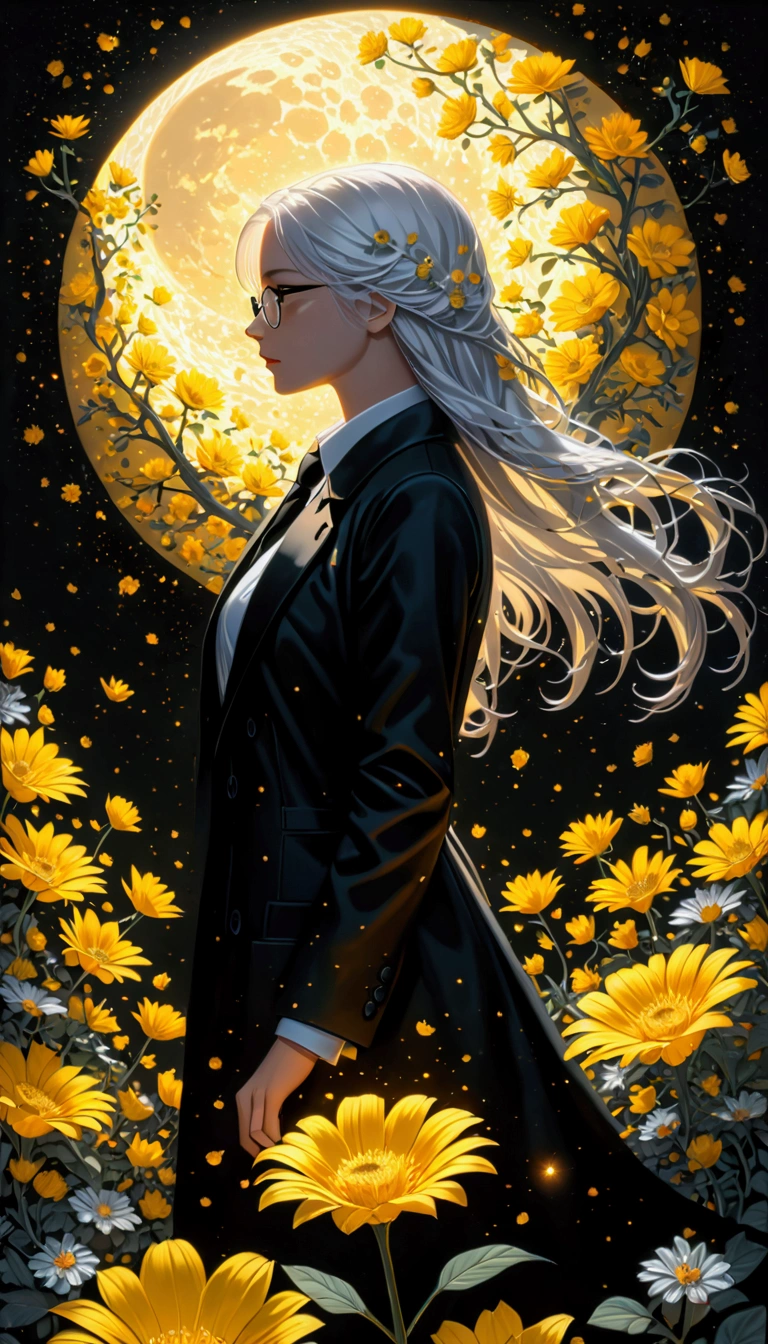 (masterpiece),(best quality), (fantasy:1.4), Surrealism, shadow, Relief, Stereogram, Atmospheric perspective, 8K, Super Detail,A moon, Yellow flowers , Paper_cut, 1 Girl, Solitary, (White hair, Long hair), Perfect hairstyle and glasses, (White shirt, Black tie, Black coat, Open coat), (((Glowing light particles))), Dynamic Angle,