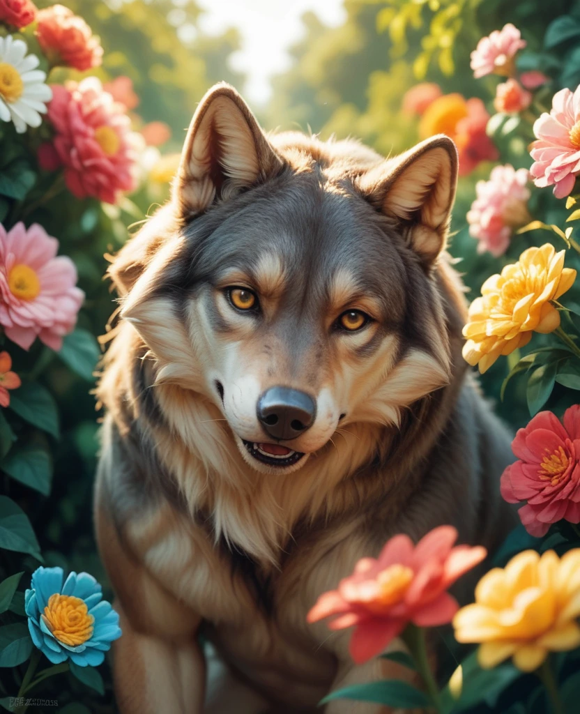 Wolf With Colorful Flowers Sticker
