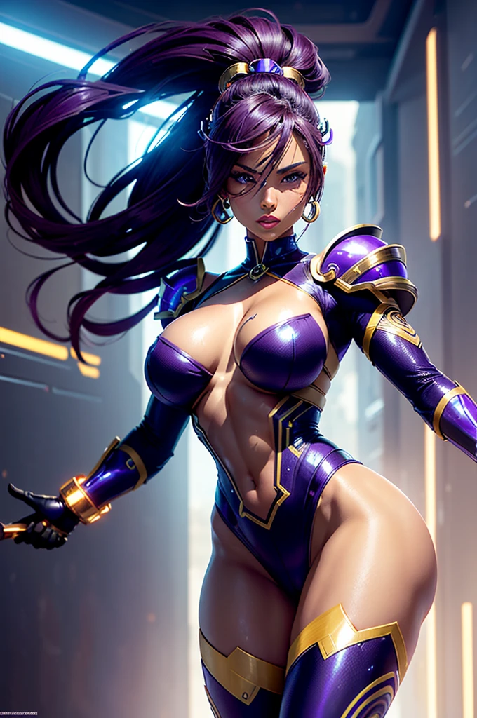 A perfect sexy and beautiful, exuberant and very young cybernetic android warrior with black African and oriental features, Japanese and Chinese, mixed with the clone of the Greek warrior goddess Athena, with huge super ultra mega giant breasts, Brunetette, very tanned and sweaty, huge ass, steep, HARD AND MUSCULOUS, Purple colored eyes, transformed into a super sensual and extremely super ULTRA HIPER muscular astronaut goddess, fitness, bodybuilder, fit bodybuilder and weightlifter, very muscular thighs wearing very short punk style hair, super radical and purple and very smooth in locks, wearing sexy cyberpunk battle outfits, seen in the form of a hologram made only of light energy, coastal view, administrator and leader, queen goddess of a gigantic fleet of thousands of spaceships and hundreds of planets of her powerful stellar empire running courageously across the bridge of a star cruiser wearing a holographic helmet in the Corinthian battle format with a visor and horsehair topknot, of electronic and futuristic Athenian warrior