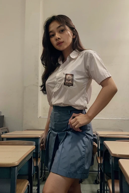 A beautiful young Asian girl in a middle , long pleated skirt, standing in a high school Class, looking directly at the camera, detailed facial features, elegant pose, photorealistic, 8k, ultra-detailed, cinematic lighting, vibrant colors, intricate background, masterpiece