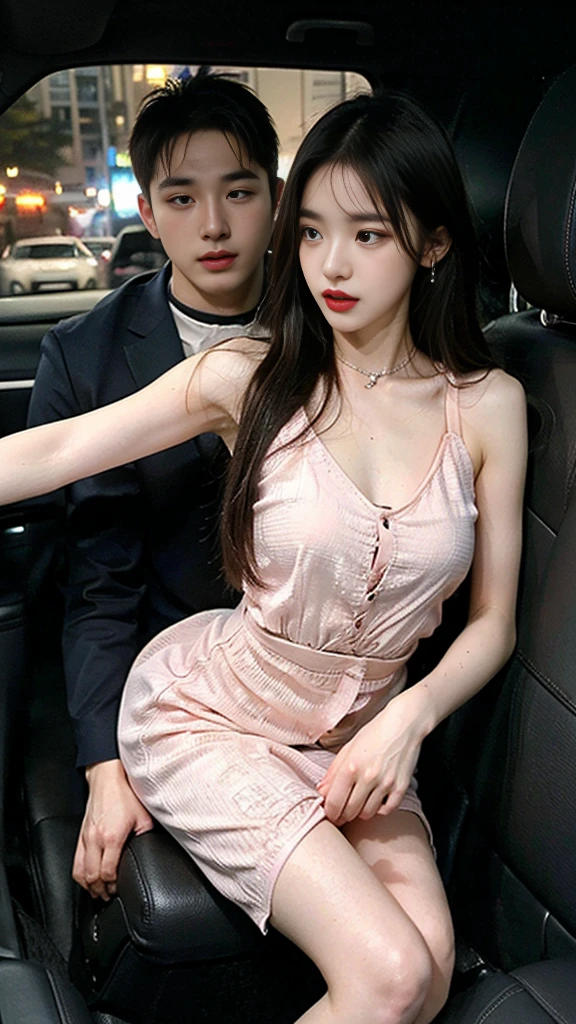 (((SFW : 1.2))), (((pornography))), (realistic), (intricate details:1.2), (masterpiece、:1.3), (top quality:1.4), (Ultra A high resolution:1.2), Ultra A high resolution, 8K resolution, very detailed expression, dark, (high quality), complete anatomy, natural anatomy, full body photo, 1 korean girl is being raped by 2 korean men, 24 years old, (call girl:1.5), (prostitute: 1.5), (korean:1.8), (beautiful : 1.4), (shiny dyed hair), (big earrings), heavy makeup, confused expression, a little smile, choker necklace, a nice leg line, (Slim and feminine dress. : 1.4), glowing skin, The muscular man who loves her takes her away in his car.....),(She is being sexually harassed by a muscular man in a car : 1.5), (the man grabbed her thigh...), caress, fondle, drive, dark,night:1.5, (detailed background:1.2), (drive : 1.4), (late night date : 1.4), (sex in the car : 1.5), Moans, eroticism, orgasm