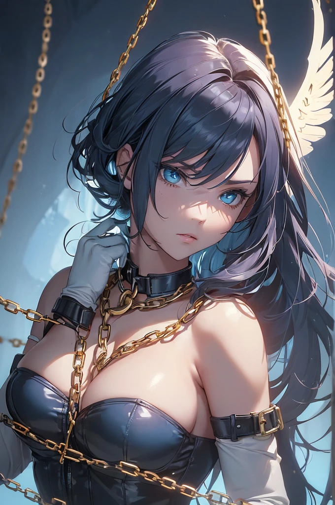(superflat, masterpiece, flat shading, flat colors:1.1), Cinematic shot, Masterpiece, ((3 females, lesbian orgy, lesbian sex scene)), european, (3 beautiful females), standing female teacher with two girls on a leash, humiliating , golden halo, halo, (hands on neck, choking:1.3), (chained, tied, golden chain, chain around bodies , chained collar, handcuffs, bdsm, rough:1.4), leather gloves, leather, slim, angel wings, (cold light, cold blue tones), flat blue background, highly detailed, best quality, close, low_angle_human