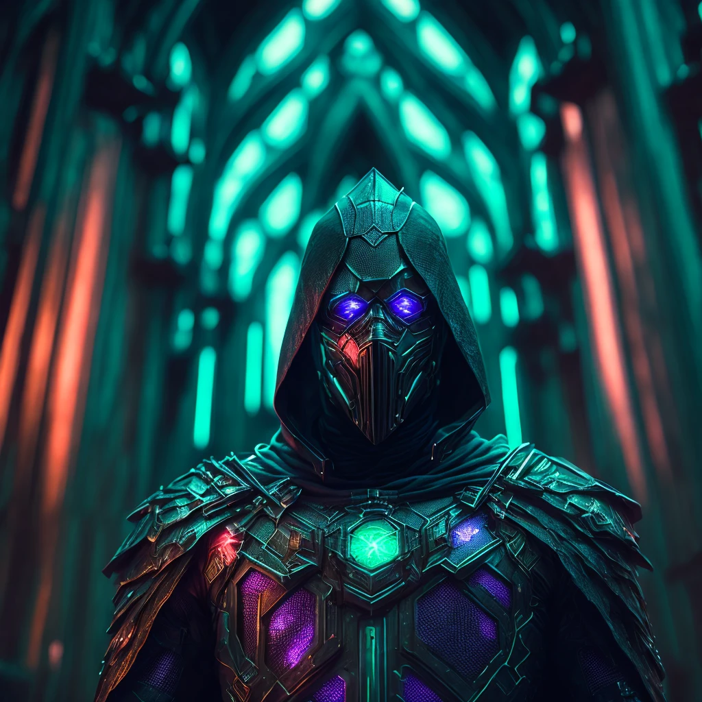 grim portrait of Marvel's Doctor Doom with intricate angular cybernetic implants inside a brutalist building, gothic brutalist cathedral, cyberpunk, Foto premiada, Bokeh, Neon lights, cybernetic limb