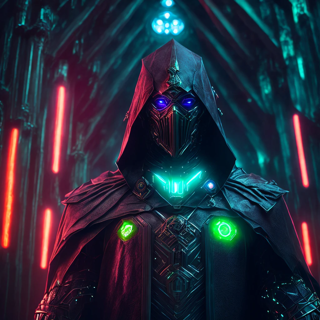 grim portrait of Marvel's Doctor Doom with intricate angular cybernetic implants inside a brutalist building, gothic brutalist cathedral, cyberpunk, Foto premiada, Bokeh, Neon lights, cybernetic limb