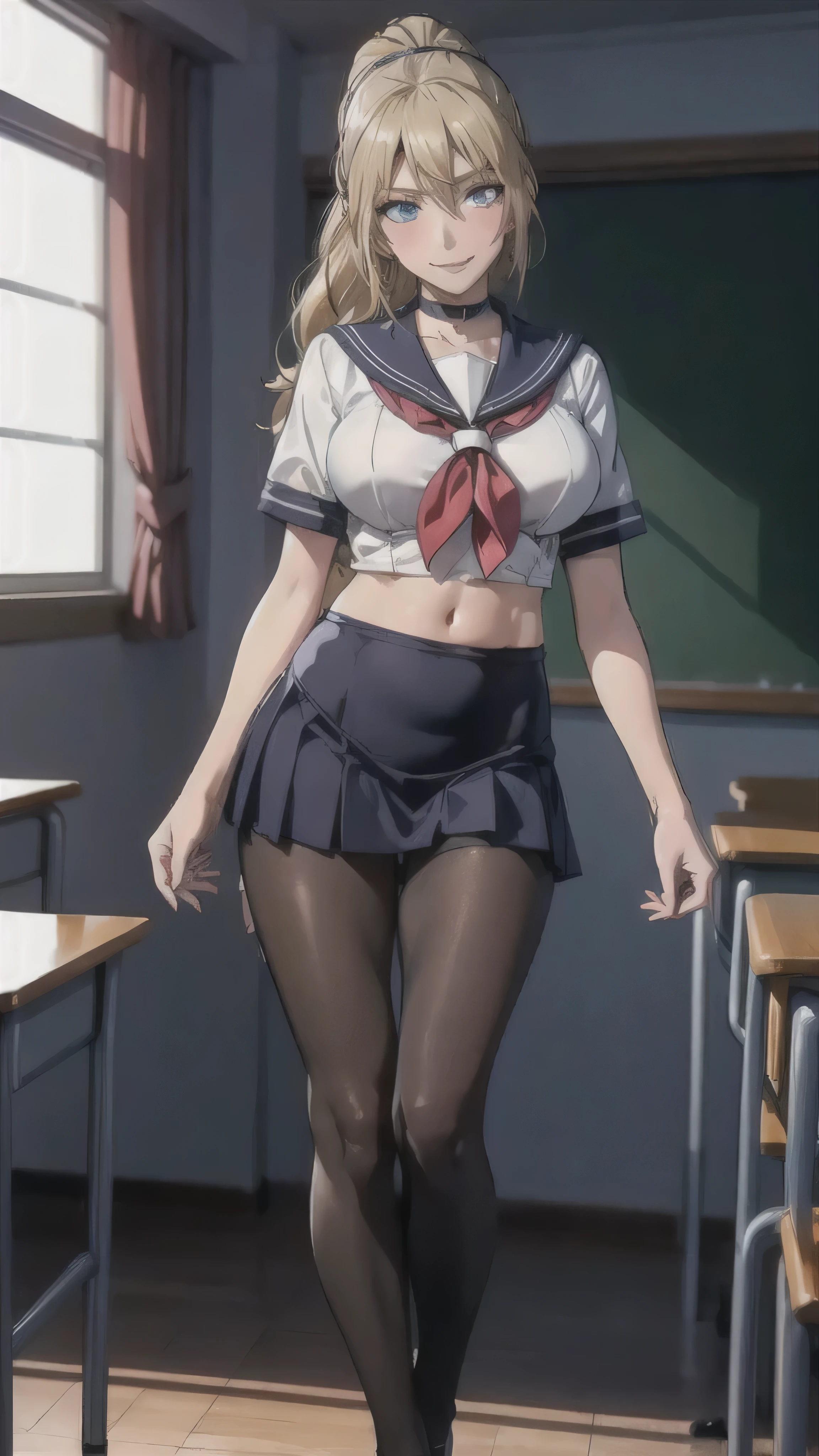 ((high school girl)),((school uniform)),((White blouse)),(((Pleated mini skirt))), ((A shy smile)),((Beautiful feet)),((Beautiful legs)),Ultra-high resolution, Mature Woman, Mature Woman, Very detailed, ((Big Breasts)), Perfect hands, Detailed fingers, Beautiful details, (((Sailor suit))),((Long blonde hair)),((ponytail)),Black choker, Earrings,loafers,(Black Pantyhose), (Black Stockings),Perfect Eyes, Seductive eyes, School classroom,Standing in front of the pulpit