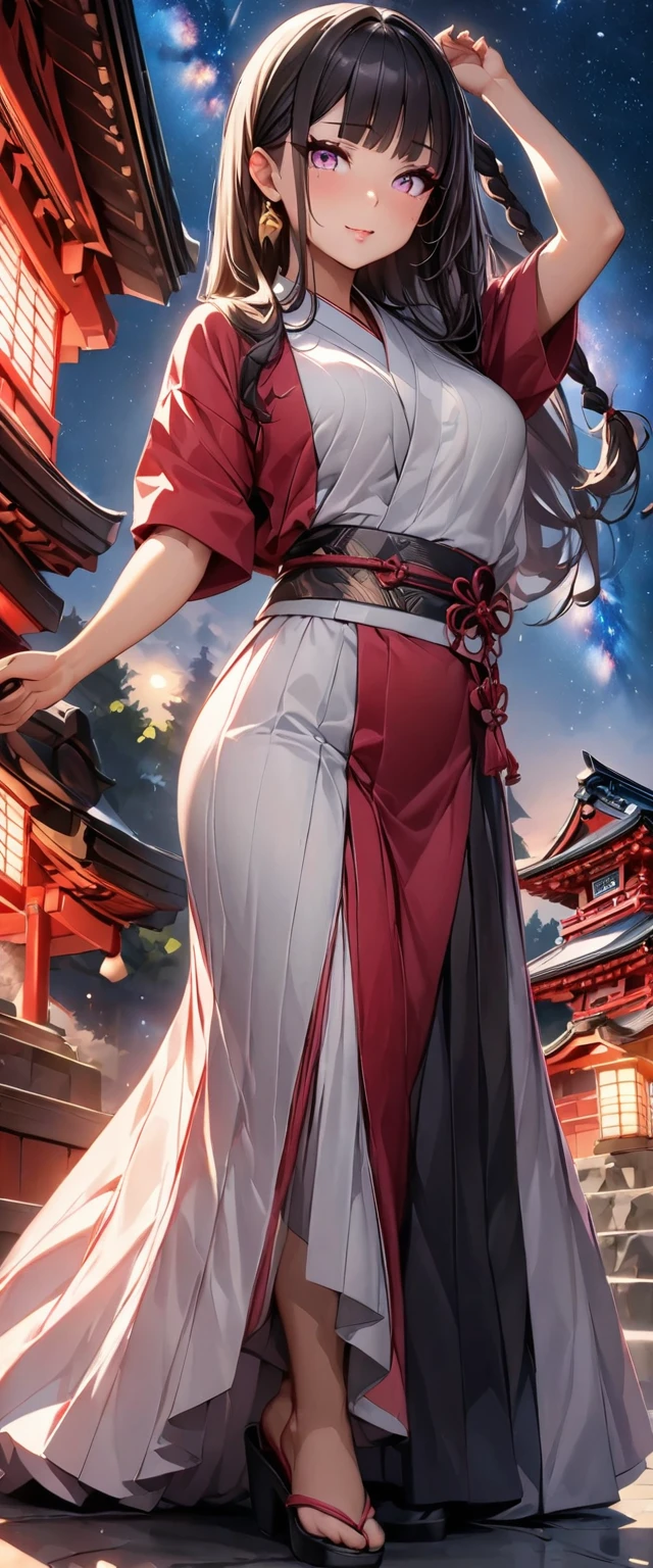 (Perfect Anatomy)、Mastepiece、Ultra High Quality、 8k、masterpiece、Highest quality、Ultra-high resolution、Maximum resolution、Very detailed、Professional Lighting、anime、woman、thin、Very beautiful face、Very beautiful eyes、(Highly detailed eye)、Highly detailed face, Golden earrings、Black Hair,、Pink eyes, Braiding、Straight bangs, contouring, makeup, eyeliner, eye shadow, pink cheek, pink lips, full body, standing, japanese mythology, (((dancing))), shrine, milky way, (((1girl))), (((dance)))