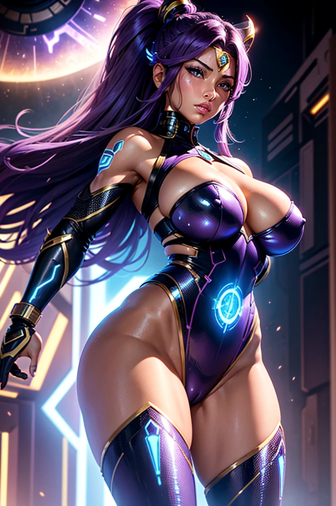 A perfect sexy and beautiful, exuberant and very young cybernetic android warrior with black African and oriental features, Japanese and Chinese, mixed with the clone of the Greek warrior goddess Athena, with huge super ultra mega giant breasts, Brunetette, very tanned and sweaty, huge ass, steep, HARD AND MUSCULOUS, Purple colored eyes, transformed into a super sensual and extremely super ULTRA HIPER muscular astronaut goddess, fitness, bodybuilder, fit bodybuilder and weightlifter, very muscular thighs wearing very short punk style hair, super radical and purple and very smooth in locks, wearing sexy cyberpunk battle outfits, seen in the form of a hologram made only of light energy, coastal view, administrator and leader, queen goddess of a gigantic fleet of thousands of spaceships and hundreds of planets of her powerful stellar empire running courageously across the bridge of a star cruiser wearing a holographic helmet in the Corinthian battle format with a visor and horsehair topknot, of luminous Athenian warrior, electronic and futuristic