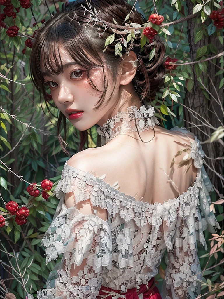 Portraiture、White Background、Professional Lighting、Backlight、Off the shoulder、Lace fabric 1.5、Transparent skin type、Transparent skin tone、Beautiful Skin、Red lips、Tabletop