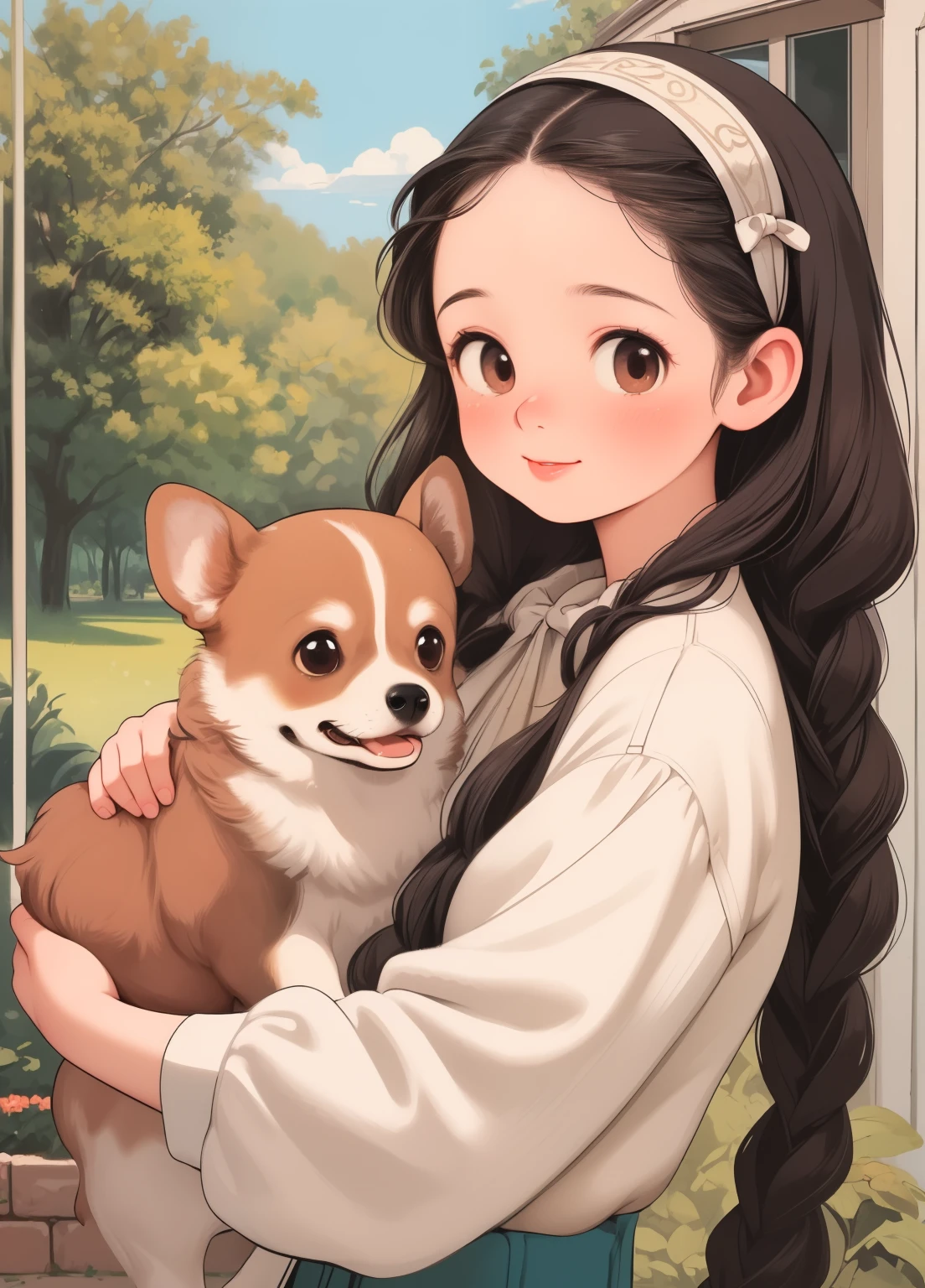 (masterpiece、Highest quality、Highest quality、Official Art、Beautiful and beautiful:1.2)、(One girl:1.3)Hatsune Miku、Twin tails,Beautiful breasts, Katsushika Hokusai, (Highest quality,4K,8k,High resolution,masterpiece:1.2), Very detailed, (Deformed, Realistic, Realistic:1.3),One Girl,cute,Very short stature,8-year-old,Laughing happily, Brown eyes,length, fluffy, Black hair braids,White short dress,Hugging a Chihuahua,Chihuahuas are much larger than females...,This dog is a chihuahua..,The background in early summer is the garden of a country house,Glossy old advertising poster, Vintage Posters, Poster Vintage, Retro Posters, enoch bolles, 1940s propaganda posters, Joseph Brant, inspired by Art Frahm, beautiful retro art, art deco poster, Vintage Posters style, Hidden Ads