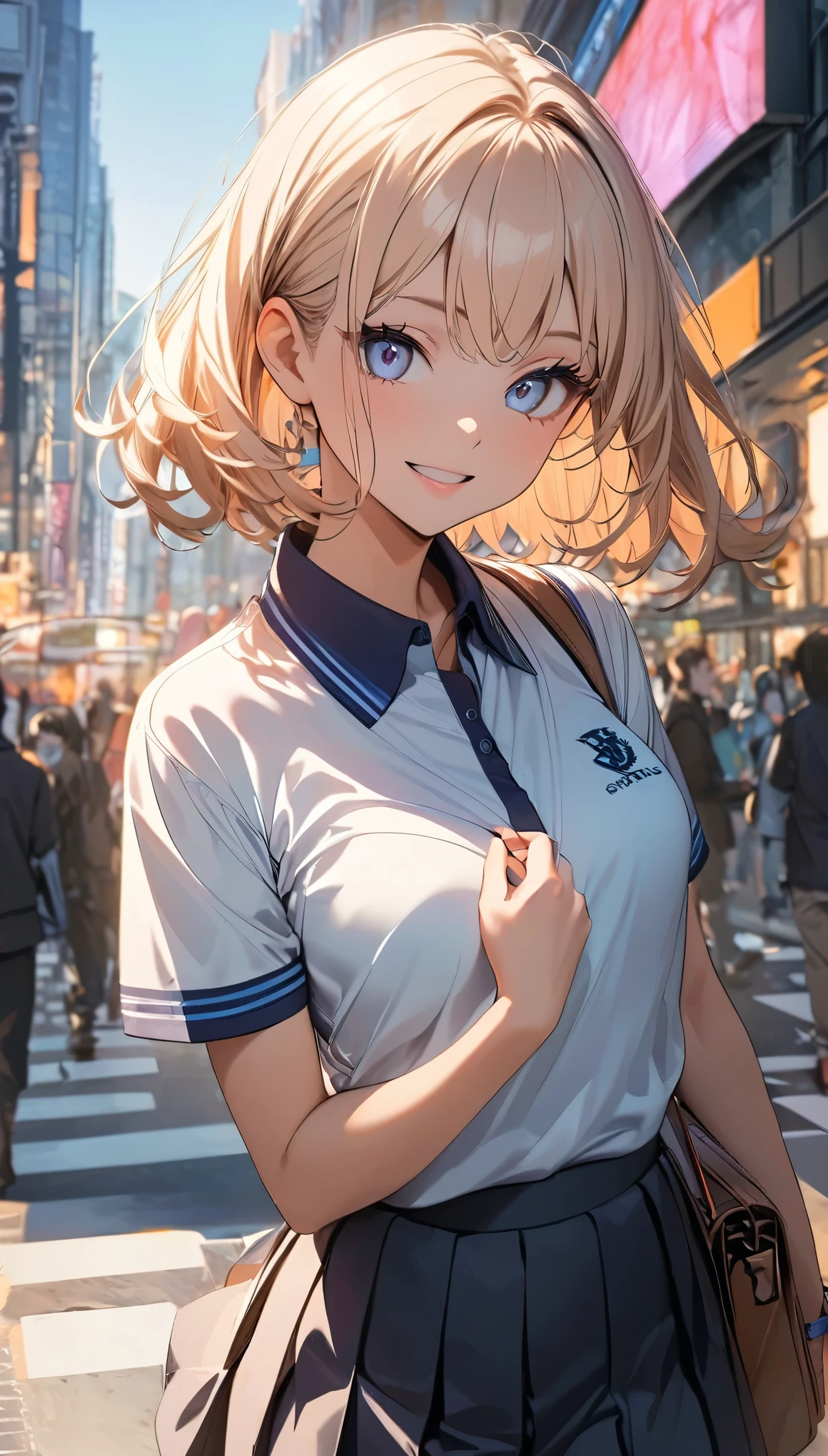 (Highest quality:1.2, Very detailed, up to date, Vibrant, 超High resolution, High Contrast, masterpiece:1.2, Highest quality, Best aesthetics), (((1 girl))), A carefully drawn Shibuya, Background of Shibuya Scramble Crossing, (学校指定のPolo shirt:1.2), Professionalism, Bright colors, Soft lighting, Expressive eyes, Detailed lips, Long eyelashes, Pleasant atmosphere, incite inferiority, Obscene eyes, Lewd smile, Open your mouth, Miraculous good looks:1.1, ((Polo shirt, Pleated skirt, Gal Makeup:1.2)), Positive Energy, Calm background, A nurturing presence, High resolution, Correct Perspective 1.1, (Soft focus throughout).