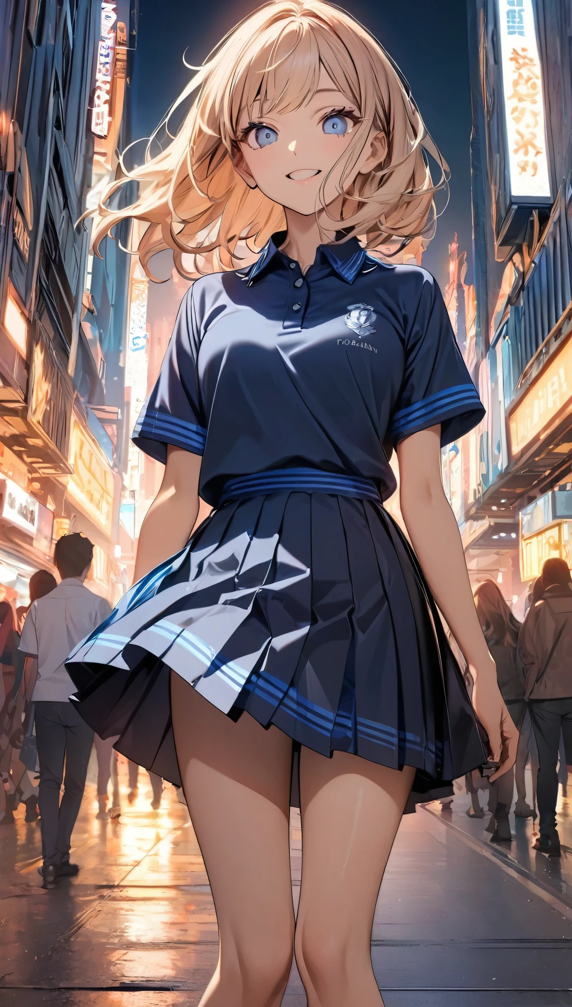 (Highest quality:1.2, Very detailed, up to date, Vibrant, 超High resolution, High Contrast, masterpiece:1.2, Highest quality, Best aesthetics), (((1 girl))), A carefully drawn Shibuya, Background of Shibuya Scramble Crossing, (学校指定のPolo shirt:1.2), Professionalism, Bright colors, Soft lighting, Expressive eyes, Detailed lips, Long eyelashes, Pleasant atmosphere, incite inferiority, Obscene eyes, Lewd smile, Open your mouth, Miraculous good looks:1.1, ((Polo shirt, Pleated skirt, Gal Makeup:1.2)), Positive Energy, Calm background, A nurturing presence, High resolution, Correct Perspective 1.1, (Soft focus throughout).