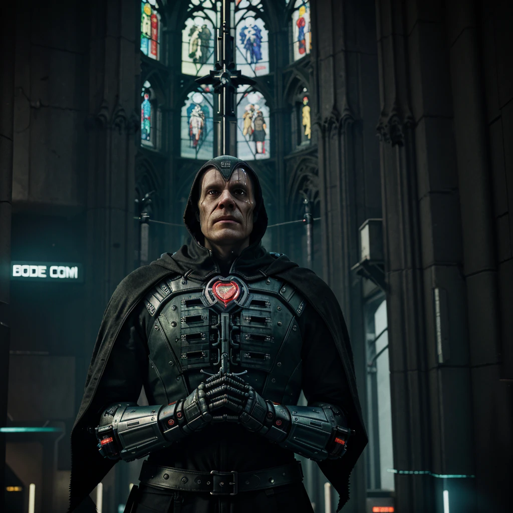 grim portrait of Marvel's Doctor Doom with intricate angular cybernetic implants inside a brutalist building, gothic brutalist cathedral, cyberpunk, Foto premiada, Bokeh, Neon lights, cybernetic limb