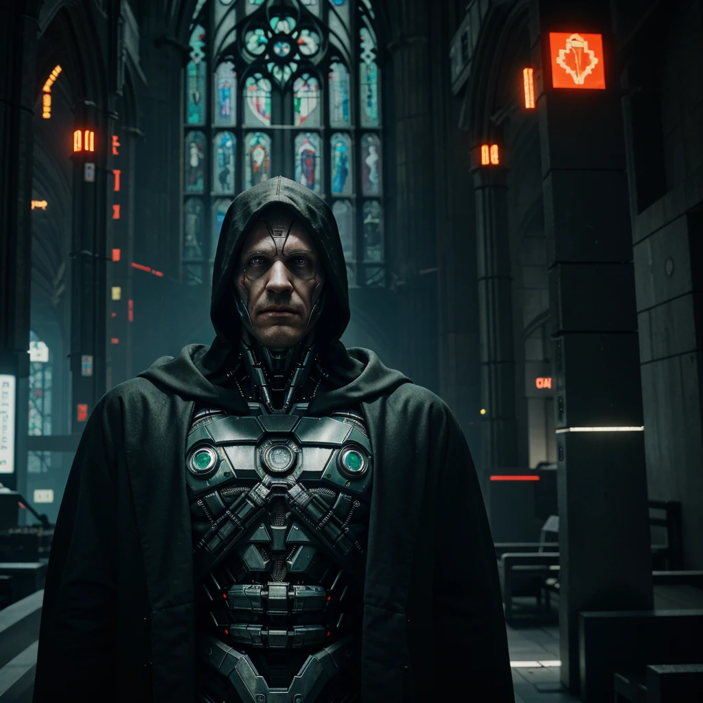 grim portrait of Marvel's Doctor Doom with intricate angular cybernetic implants inside a brutalist building, gothic brutalist cathedral, cyberpunk, Foto premiada, Bokeh, Neon lights, cybernetic limb