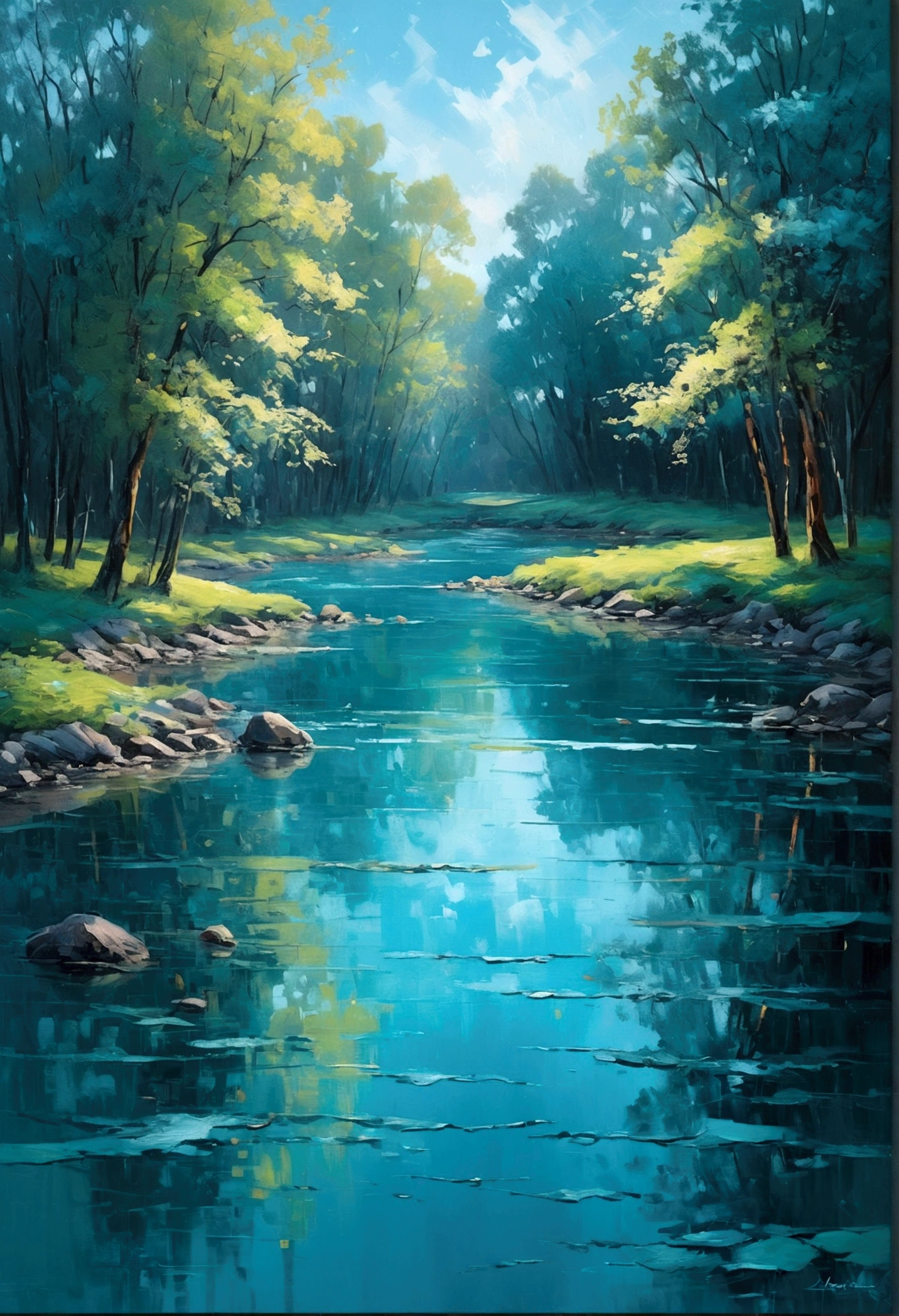 (masterpiece, best quality:1.2), oil painting, choose impressionism. Looking for stylistic elements to apply to images with a creative, highly detailed touch, pastel teal color scheme, bright and reflective atmosphere, lighting effects, wide open shot, long distance subject, wide view, shots should always be from different angles around the composition with objects, ((32k)),