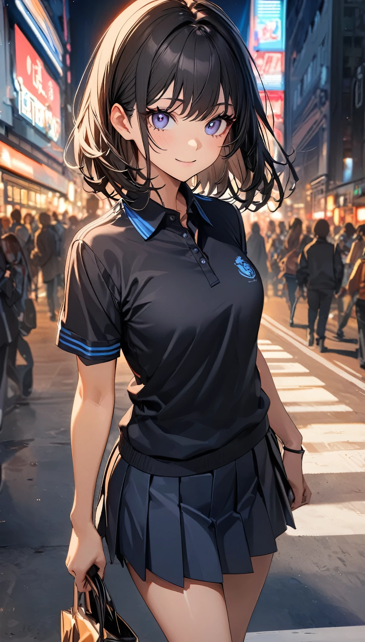 (Highest quality:1.2, Very detailed, up to date, Vibrant, 超High resolution, High Contrast, masterpiece:1.2, Highest quality, Best aesthetics), (((1 girl))), A carefully drawn Shibuya, Background of Shibuya Scramble Crossing, (学校指定のPolo shirt:1.2), Professionalism, Bright colors, Soft lighting, Expressive eyes, Detailed lips, Long eyelashes, Pleasant atmosphere, incite inferiority, Obscene eyes, Lewd smile, Open your mouth, Miraculous good looks:1.1, ((Polo shirt, Pleated skirt, Gal Makeup:1.2)), Positive Energy, Calm background, A nurturing presence, High resolution, Correct Perspective 1.1, (Soft focus throughout).