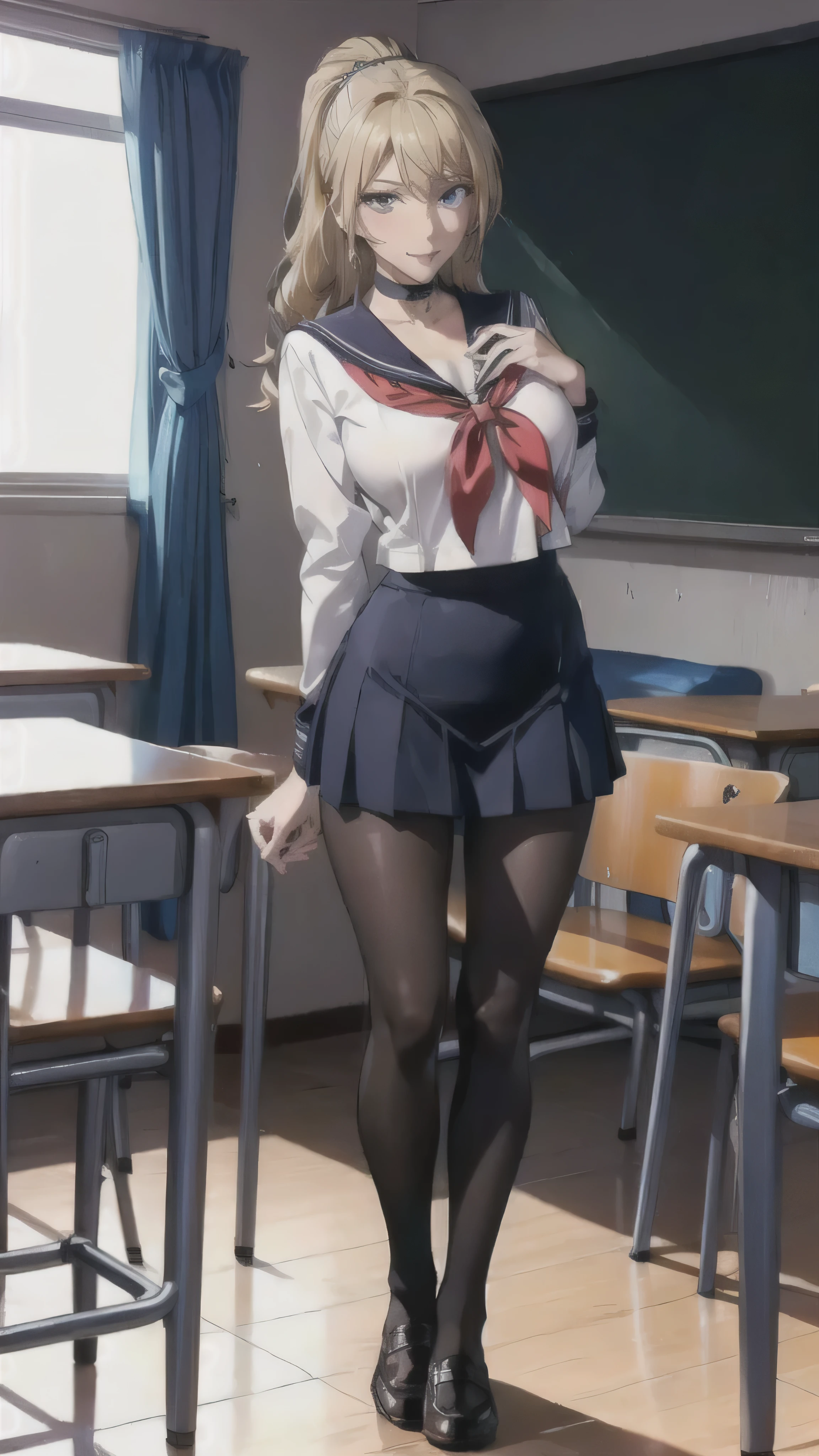 ((high school girl)),((school uniform)),((White blouse)),(((Pleated mini skirt))), ((A shy smile)),((Beautiful feet)),((Beautiful legs)),Ultra-high resolution, Mature Woman, Mature Woman, Very detailed, ((Big Breasts)), Perfect hands, Detailed fingers, Beautiful details, (((Sailor suit))),((Long blonde hair)),((ponytail)),Black choker, Earrings,loafers,(Black Pantyhose), (Black Stockings),Perfect Eyes, Seductive eyes, School classroom,Standing in front of the pulpit